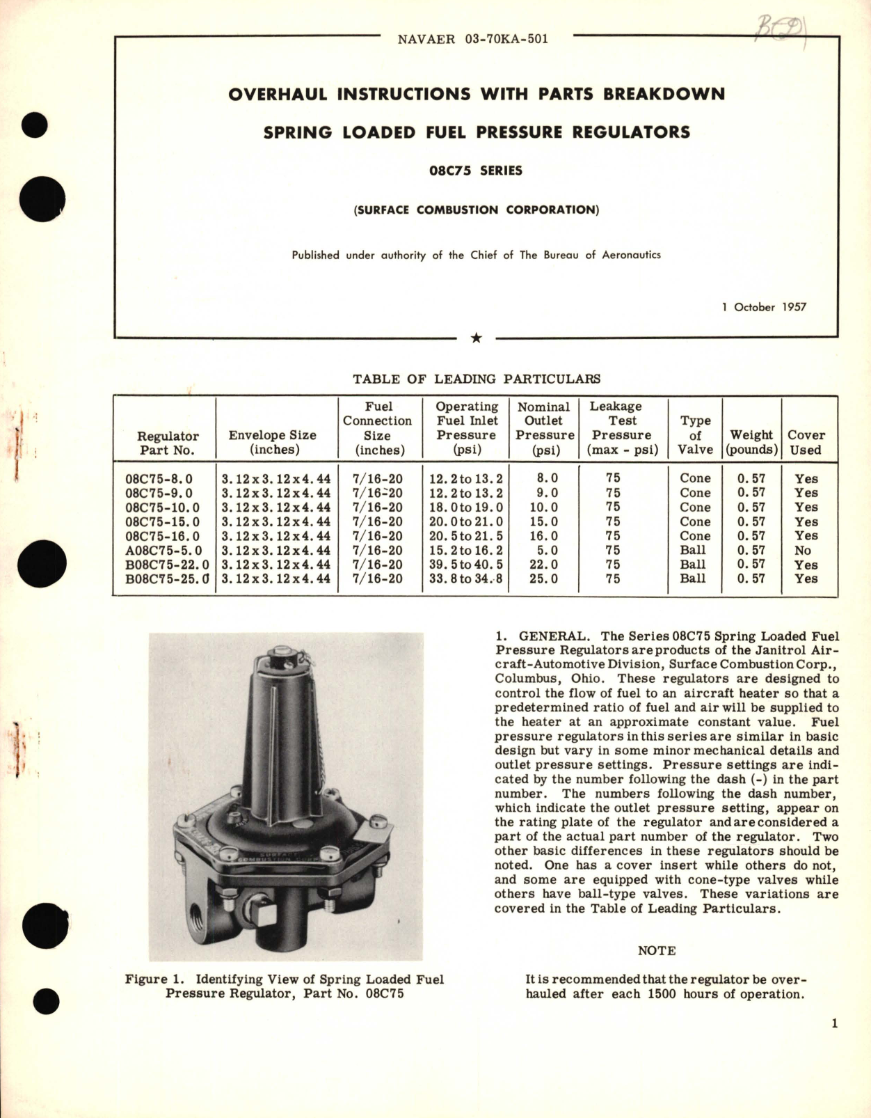 Sample page 1 from AirCorps Library document: Overhaul Instructions with Parts Breakdown for Spring Loaded Fuel Pressure Regulators 08C75 Series