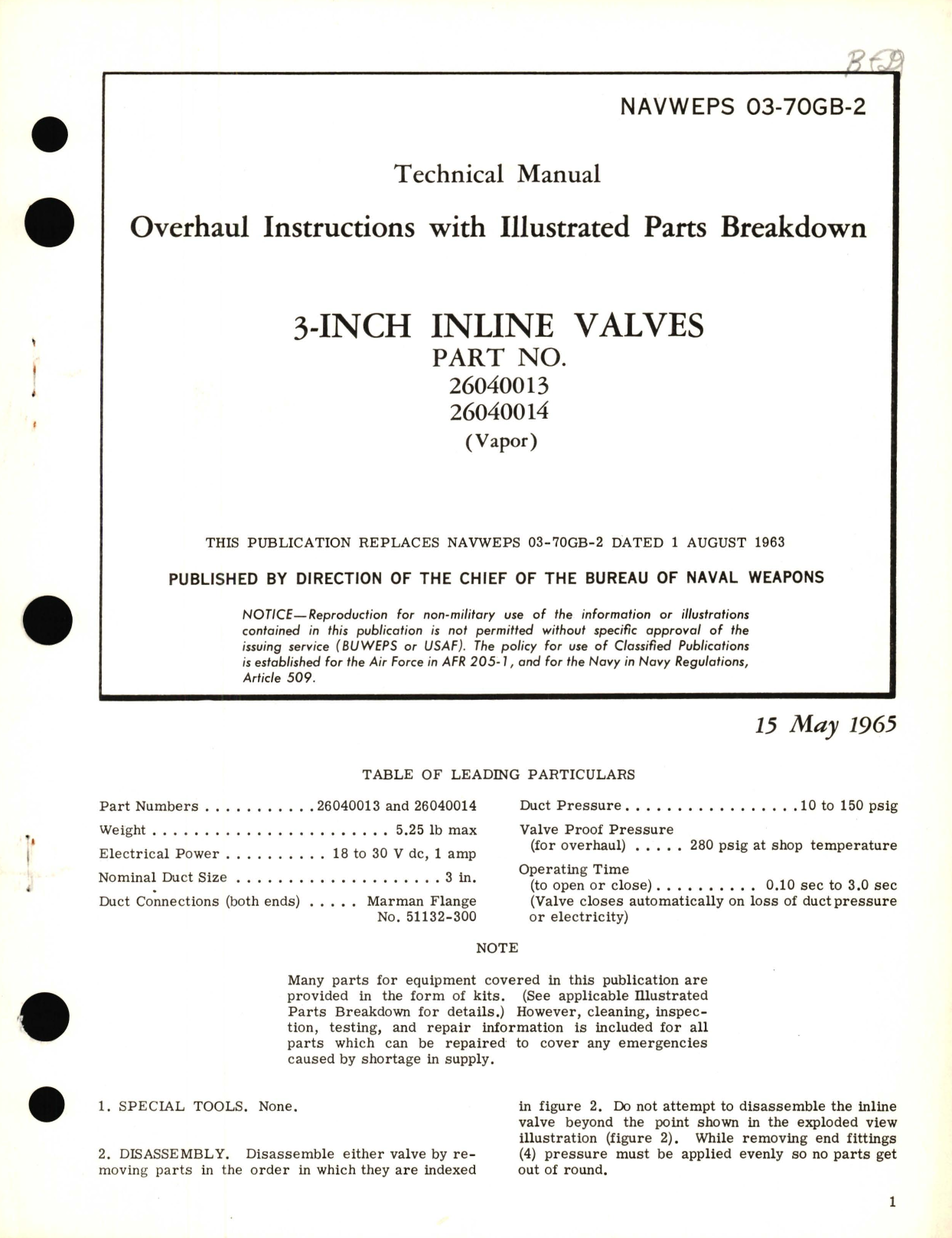 Sample page 1 from AirCorps Library document: Overhaul Instructions with Illustrated Parts Breakdown for 3-Inch Inline Valves Part No. 26040013, 26040014