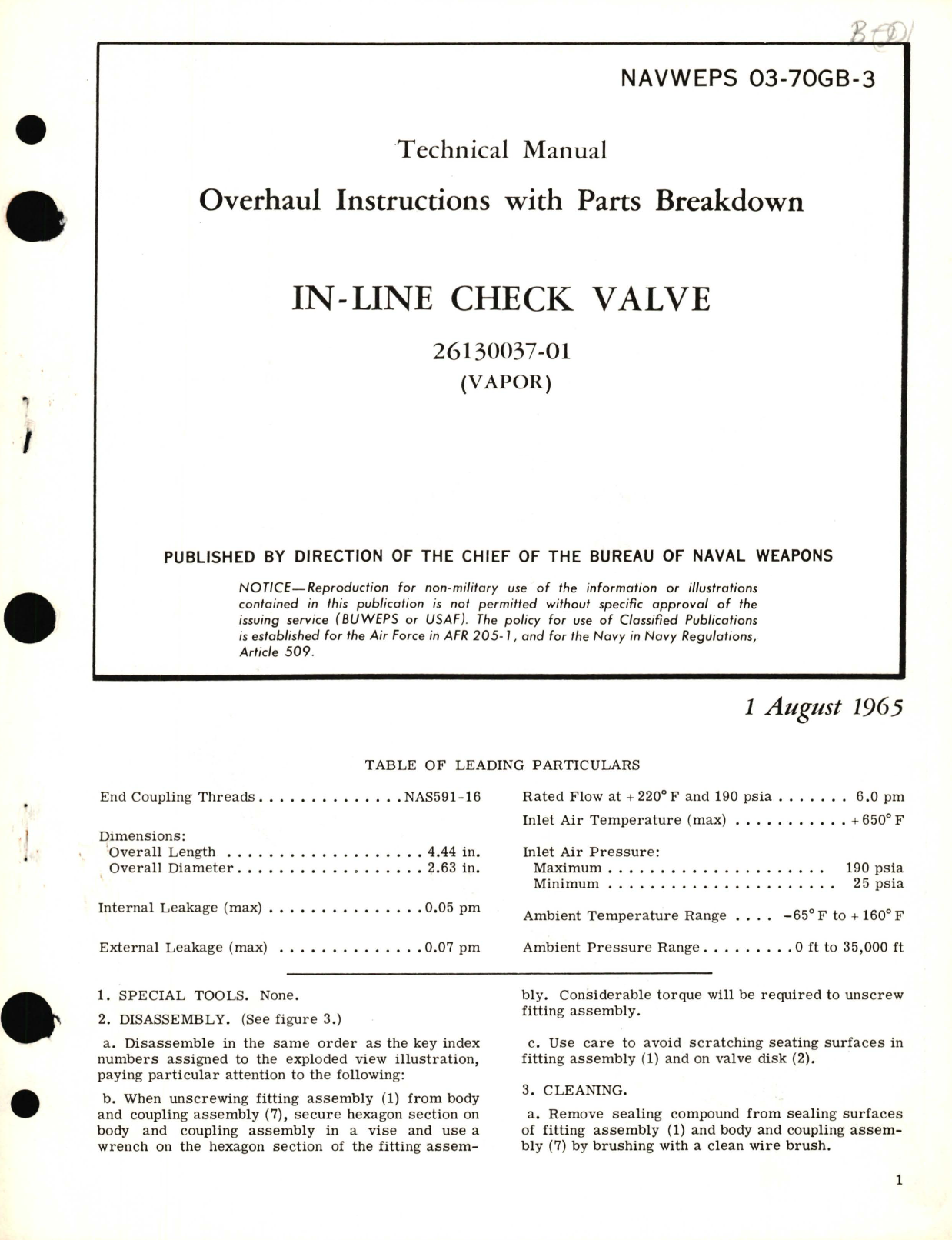 Sample page 1 from AirCorps Library document: Overhaul Instructions with Parts Breakdown for In-Line Check Valve 26130037-01 