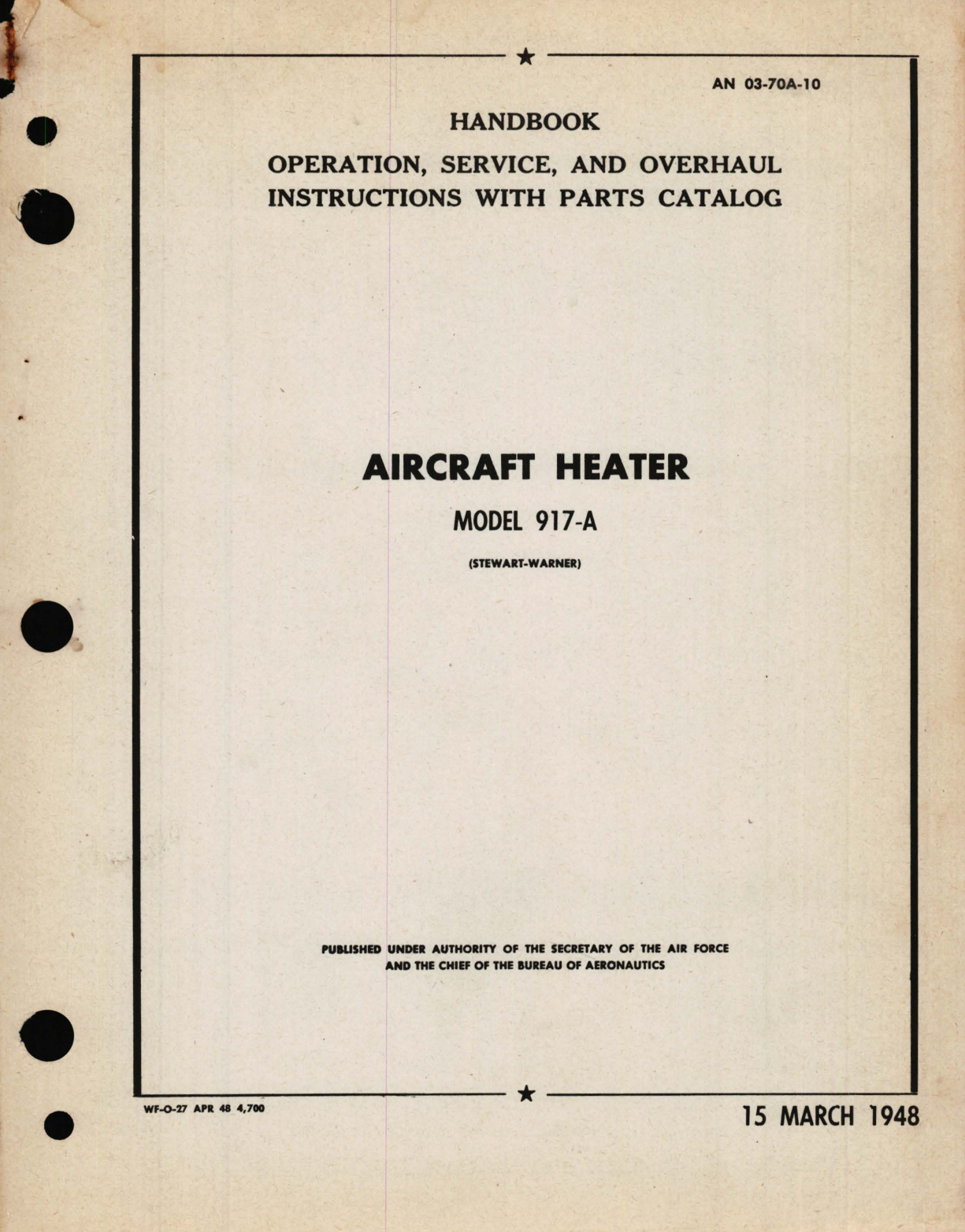 Sample page 1 from AirCorps Library document: Operation, Service, and Overhaul Instructions with Parts Catalog for Aircraft Heater Model 917-A 