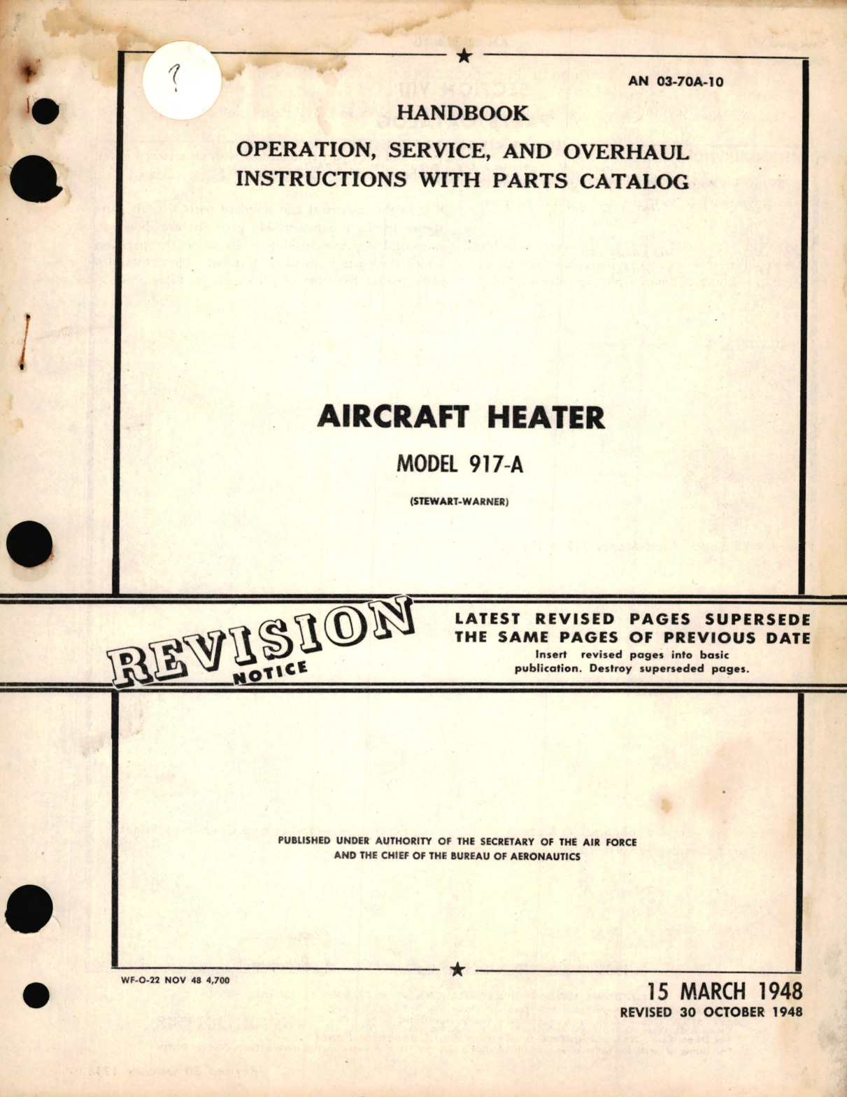 Sample page 1 from AirCorps Library document: Operation, Service, and Overhaul Instructions with Parts Catalog for Aircraft Heater Model 917-A 