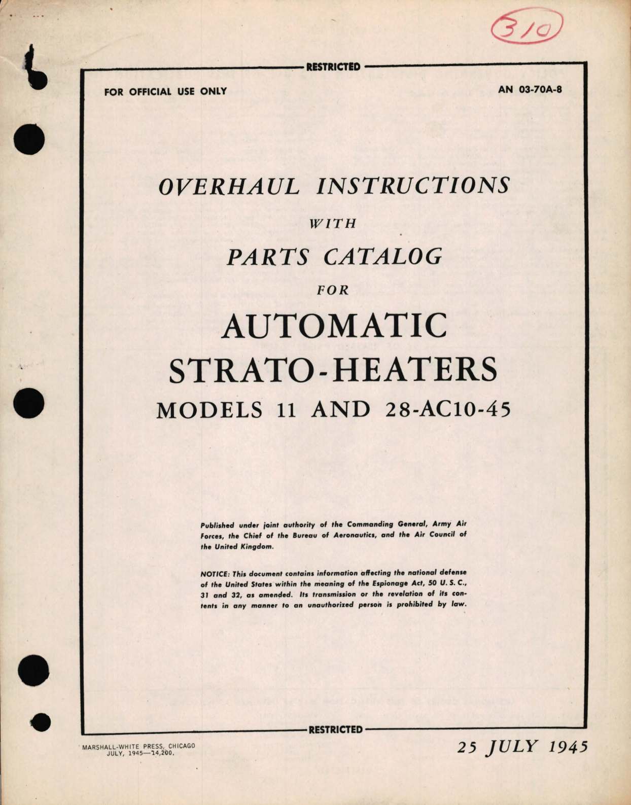 Sample page 1 from AirCorps Library document: Overhaul Instructions with Parts Catalog for Automatic Strato-Heaters Models 11 and 28-AC10-45