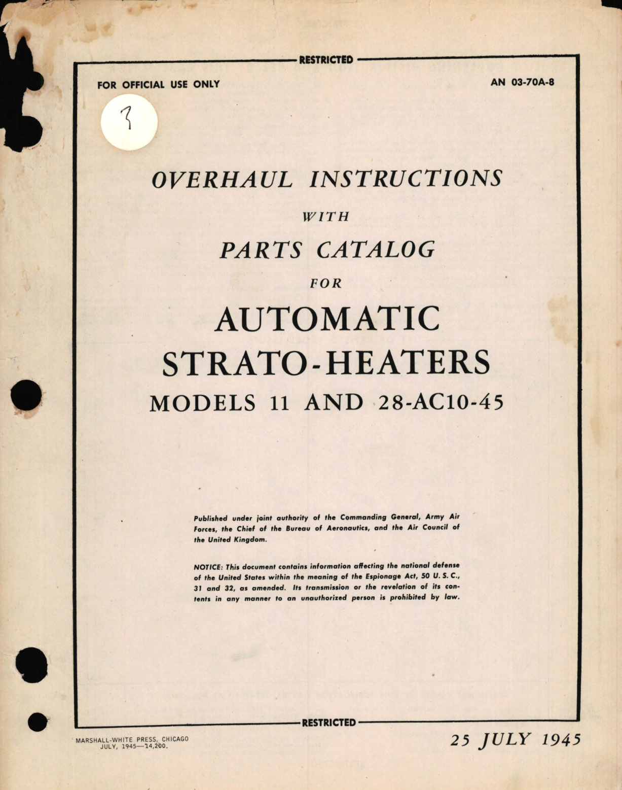 Sample page 1 from AirCorps Library document: Overhaul Instructions with Parts Catalog for Automatic Strato-Heaters Models 11 and 28-AC10-45