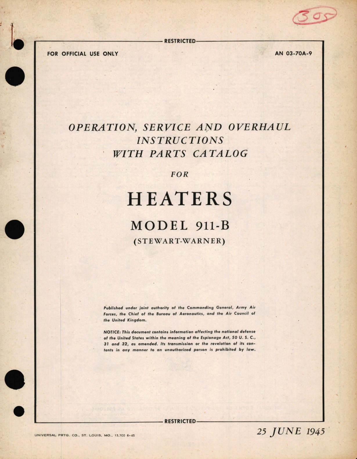 Sample page 1 from AirCorps Library document: Operation, Service and Overhaul Instructions with Parts Catalog for Heaters Model 911-B 