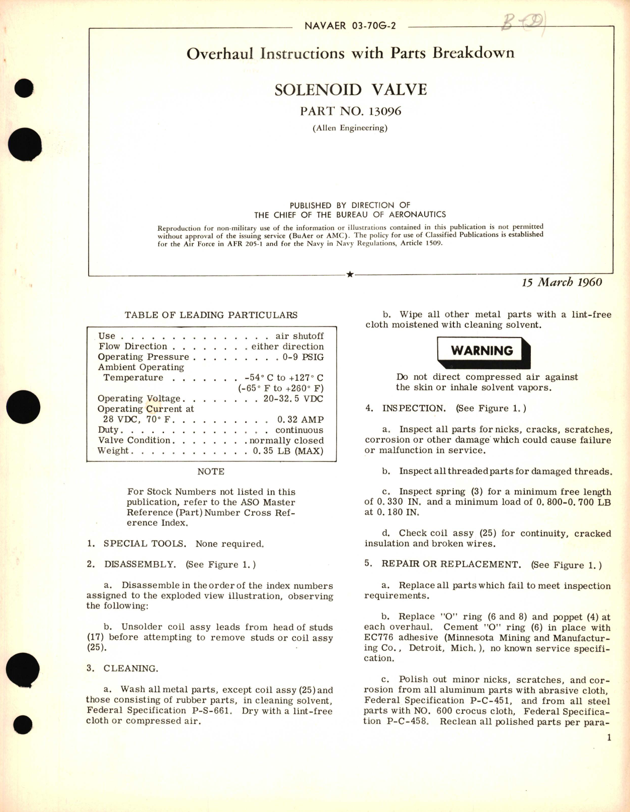 Sample page 1 from AirCorps Library document: Overhaul Instructions with Parts Breakdown for Solenoid Valve Part No. 13096 