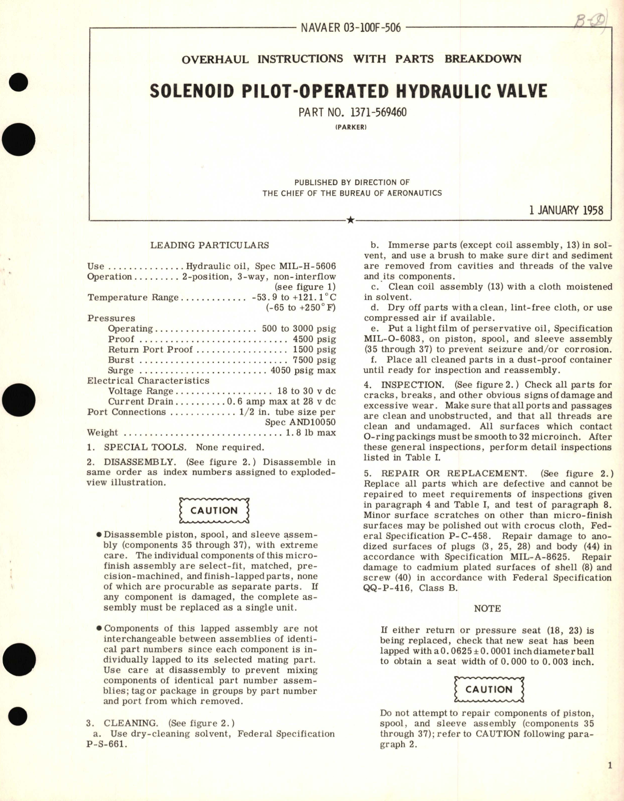 Sample page 1 from AirCorps Library document: Overhaul Instructions with Parts Breakdown for Solenoid Pilot-Operated Hydraulic Valve Part No. 1371-569460 