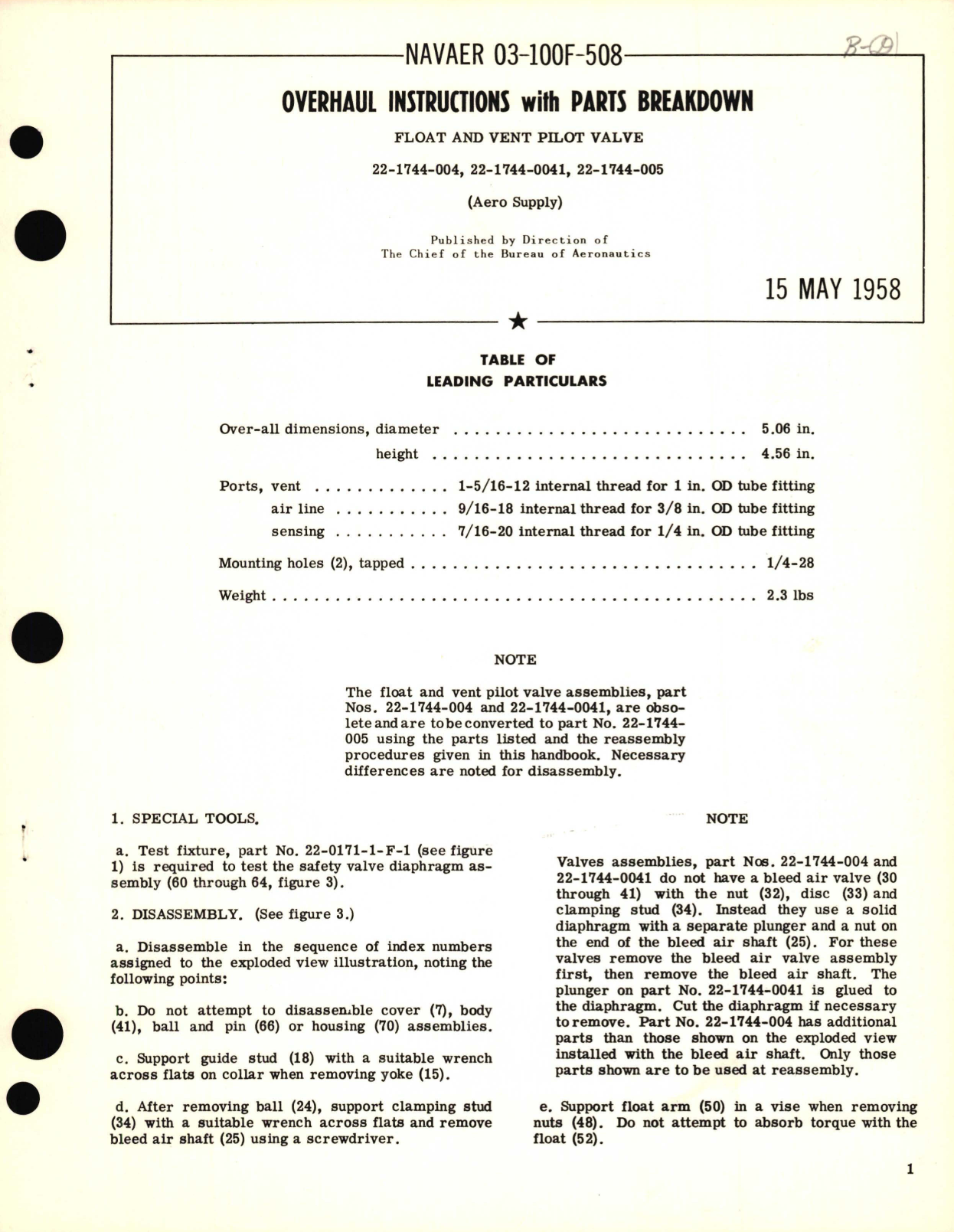 Sample page 1 from AirCorps Library document: Overhaul Instructions with Parts Breakdown for Float & Vent Pilot Valve 22-1744 