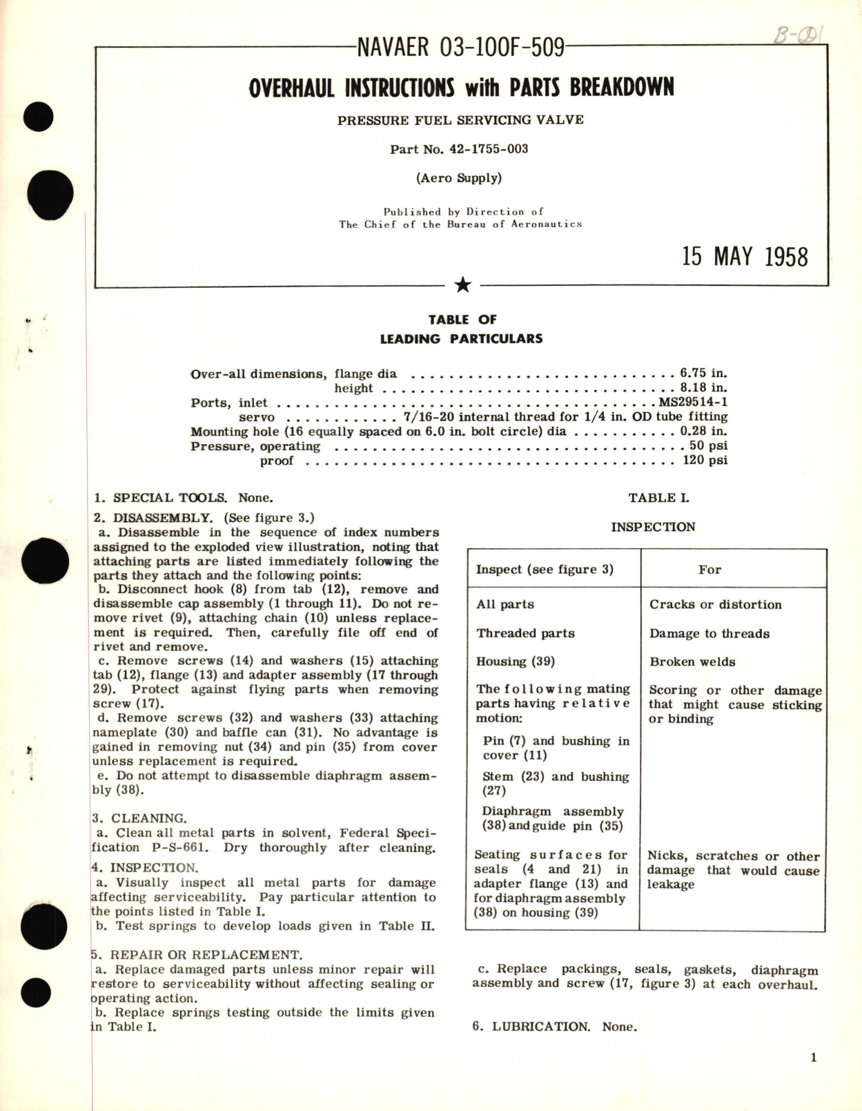 Sample page 1 from AirCorps Library document: Overhaul Instructions with Parts Breakdown for Pressure Fuel Servicing Valve Part No. 42-1755-003