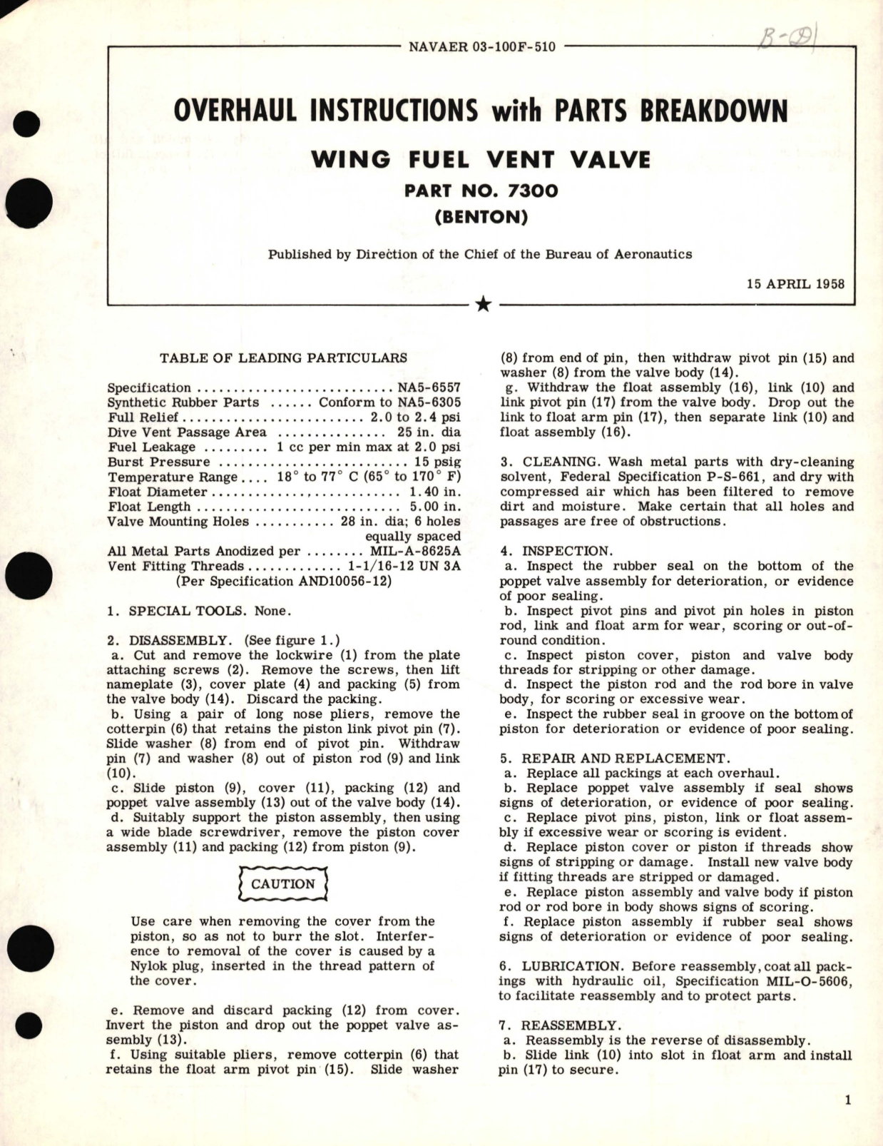 Sample page 1 from AirCorps Library document: Overhaul Instructions with Parts Breakdown for Wing Fuel Vent Valve Part No. 7300 