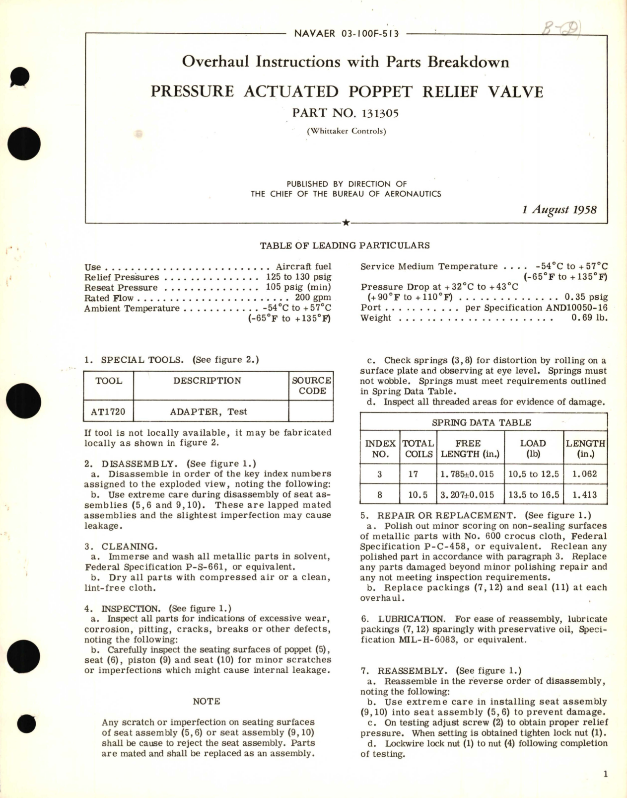 Sample page 1 from AirCorps Library document: Overhaul Instructions with Parts Breakdown for Pressure Actuated Poppet Relief Valve Part No. 131305 