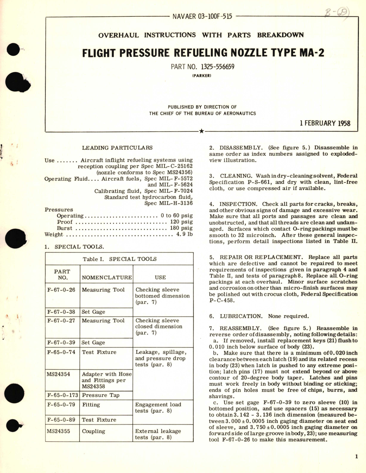 Sample page 1 from AirCorps Library document: Overhaul Instructions with Parts Breakdown for Flight Pressure Refueling Nozzle Type MA-2 Part No. 1325-556659 