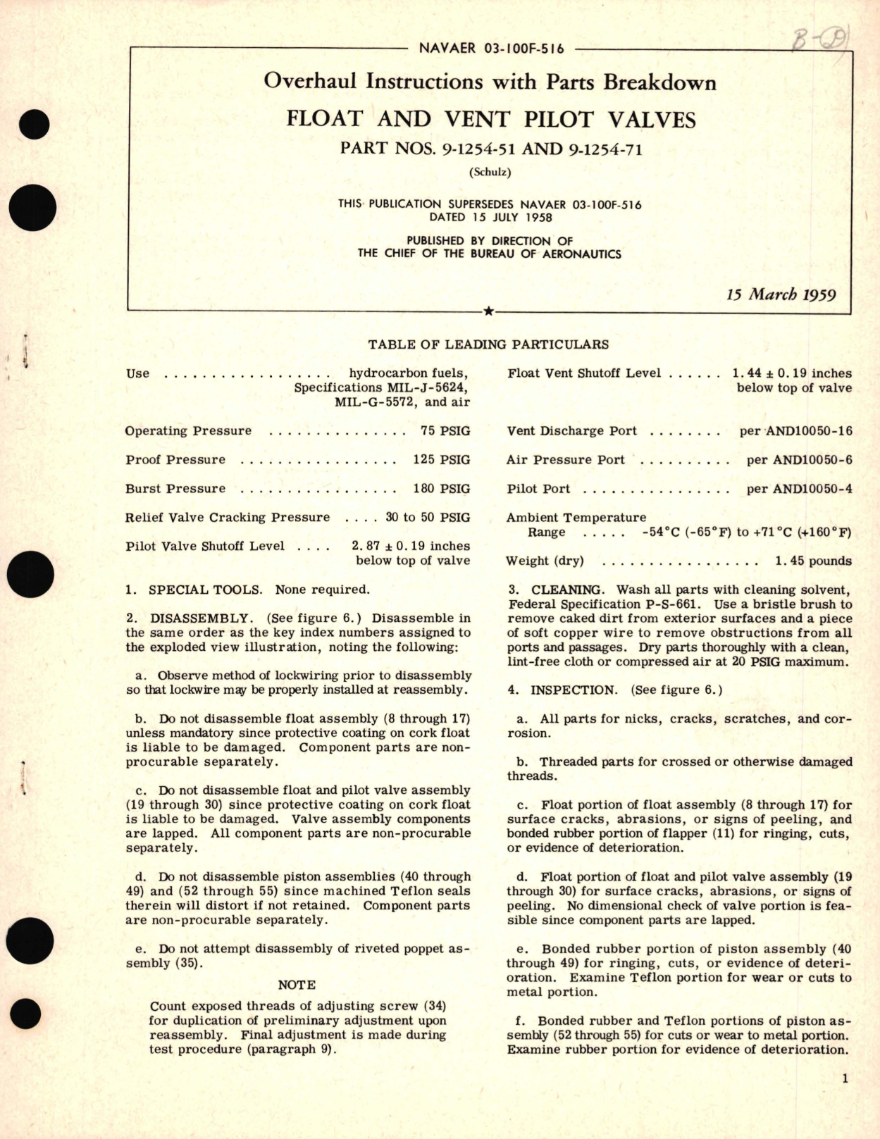 Sample page 1 from AirCorps Library document: Overhaul Instructions with Parts Breakdown for  Float and Vent Pilot Valves Part No. 9-1254-51 and 9-1254-71