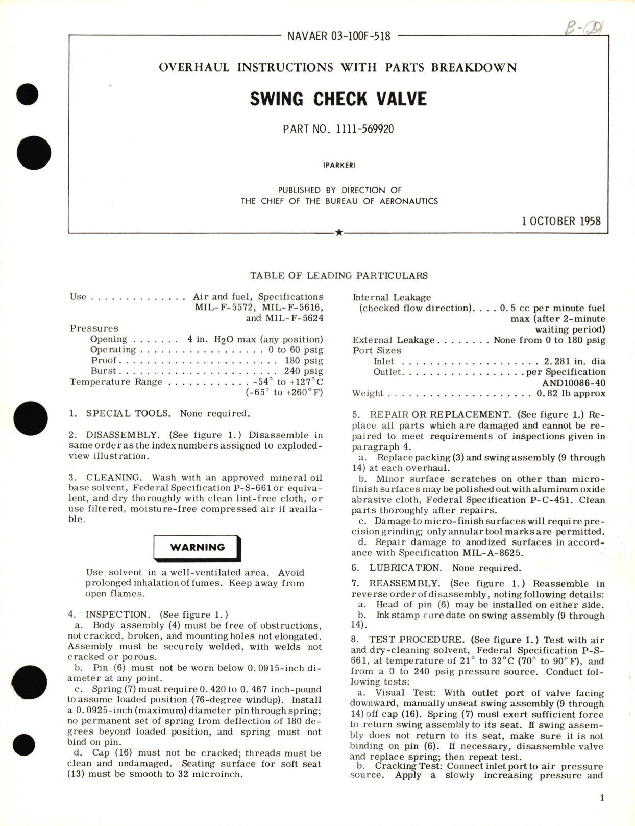 Sample page 1 from AirCorps Library document: Overhaul Instructions with Parts Breakdown for Swing Check Valve Part No. 1111-569920