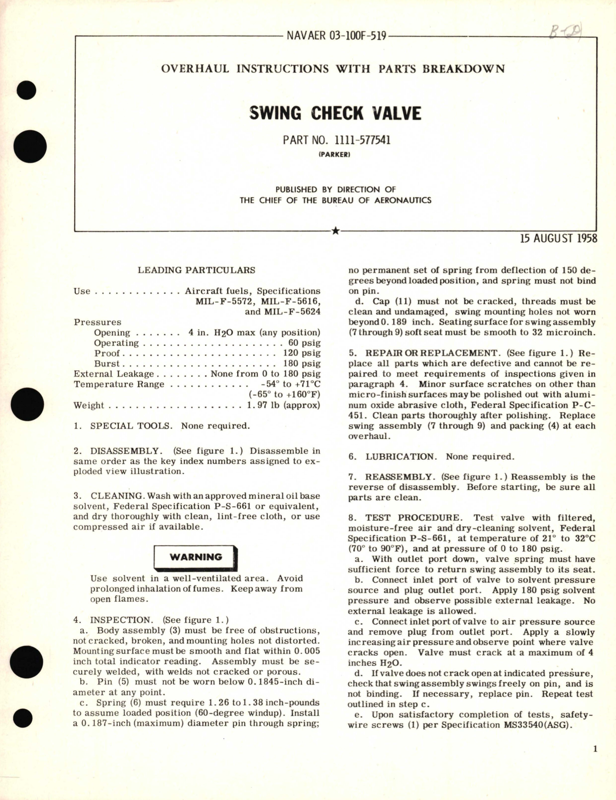 Sample page 1 from AirCorps Library document: Overhaul Instructions with Parts Breakdown for Swing Check Valve Part No. 1111-577541 