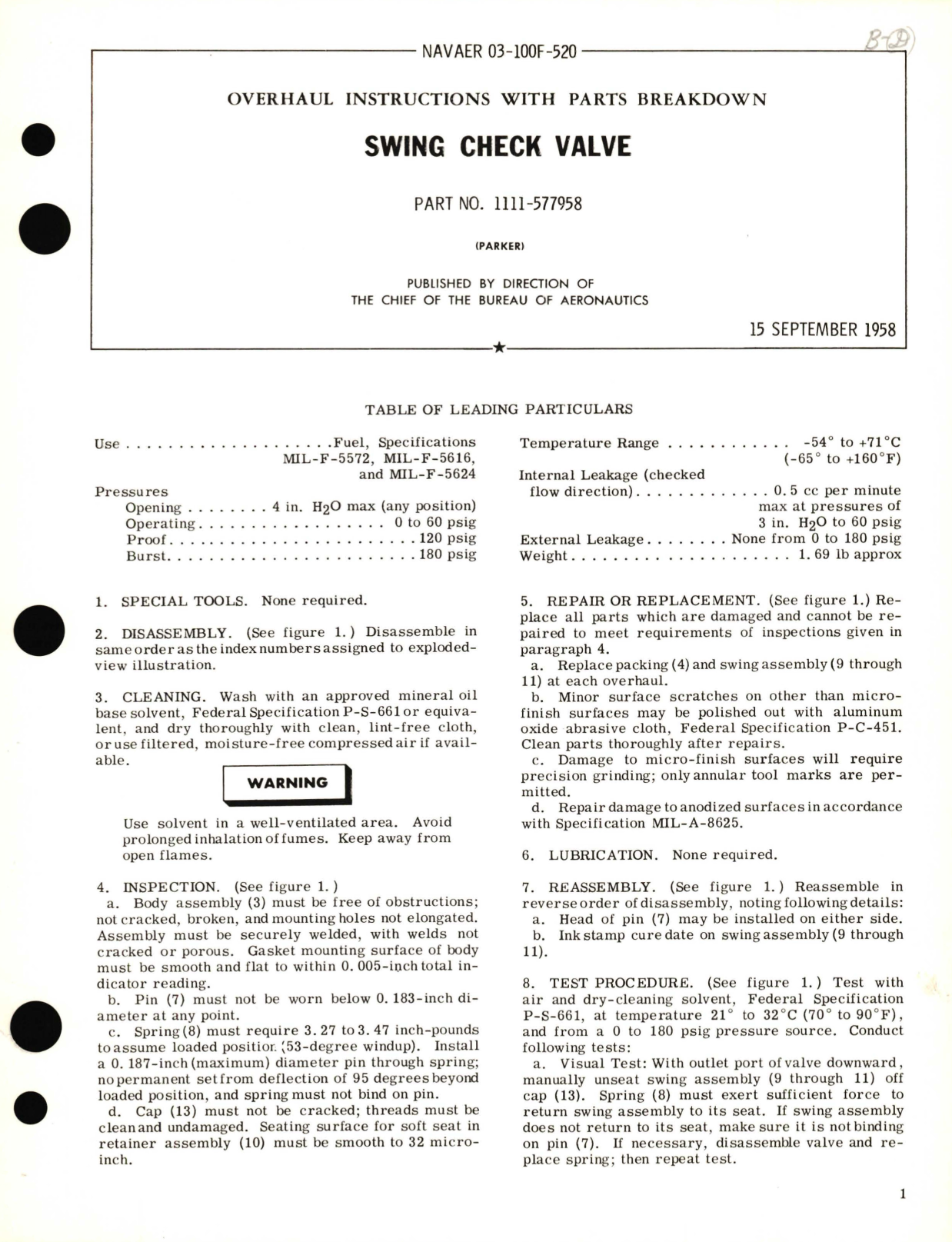 Sample page 1 from AirCorps Library document: Overhaul Instructions with Parts Breakdown for Swing Check Valve Part No. 1111-577958 