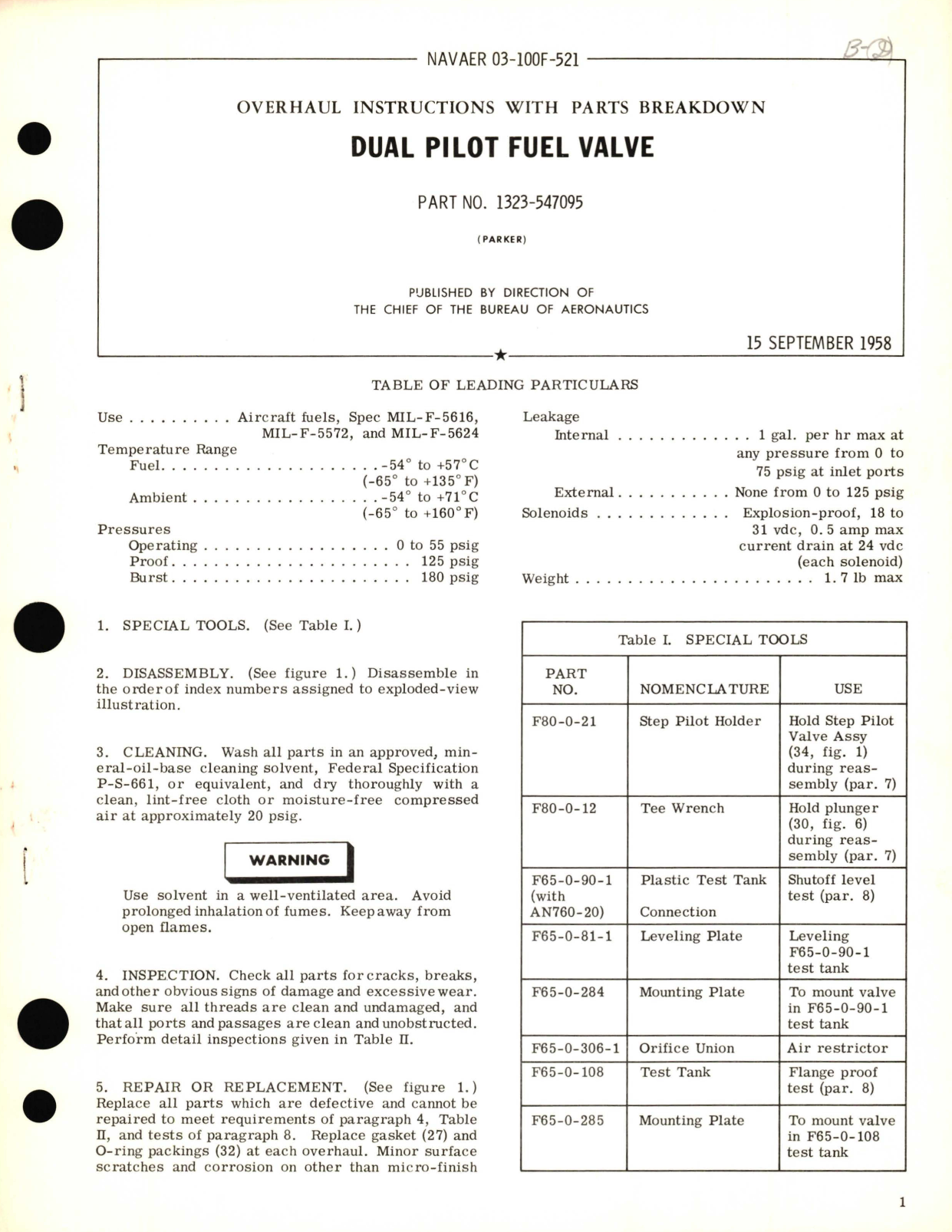 Sample page 1 from AirCorps Library document: Overhaul Instructions with Parts Breakdown for Dual Pilot Fuel Valve Part No. 1323-547095 