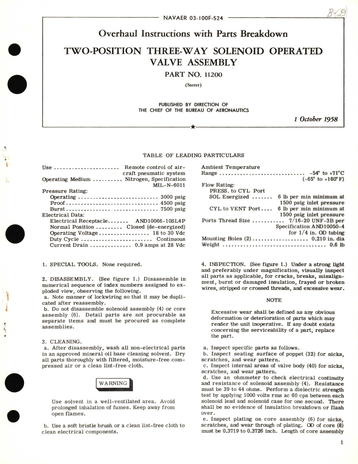 Sample page 1 from AirCorps Library document: Overhaul Instructions with Parts Breakdown for Two-Position Three-Way Solenoid Operated Valve Assembly Part No. 11200 