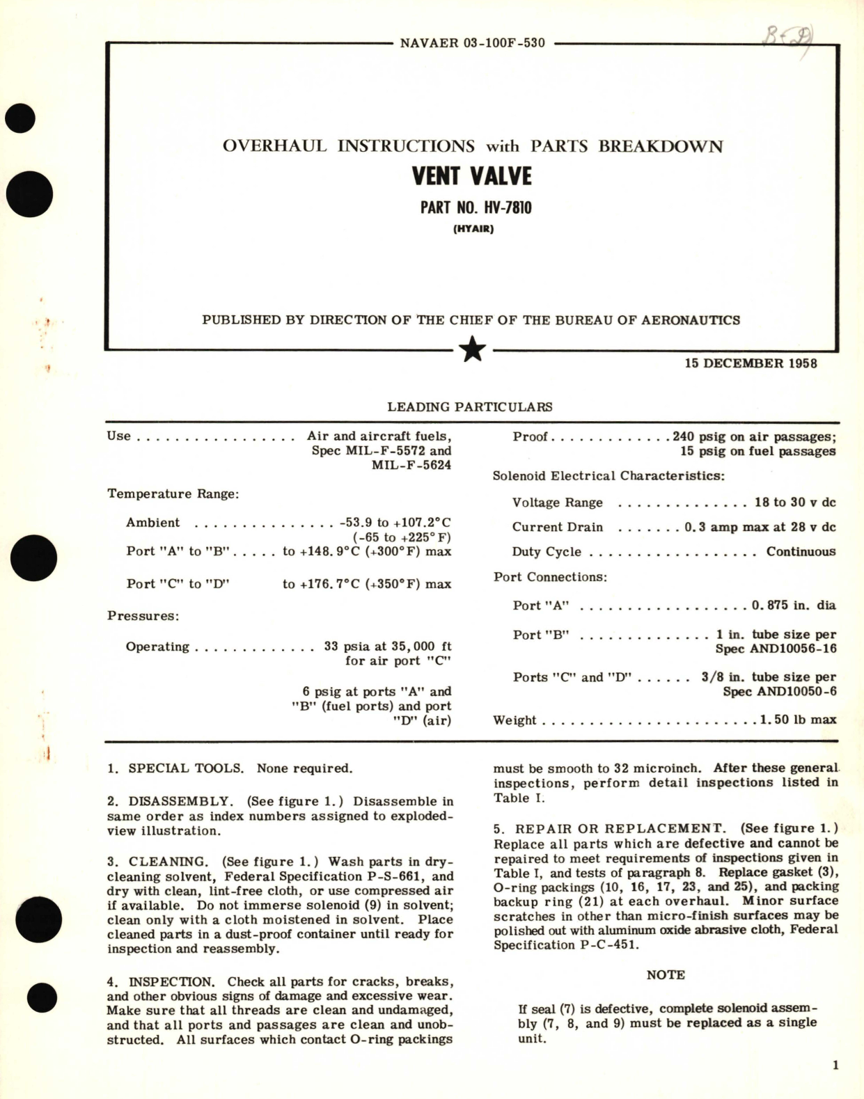 Sample page 1 from AirCorps Library document: Overhaul Instructions with Parts Breakdown for Vent Valve Part No. HV-7810 