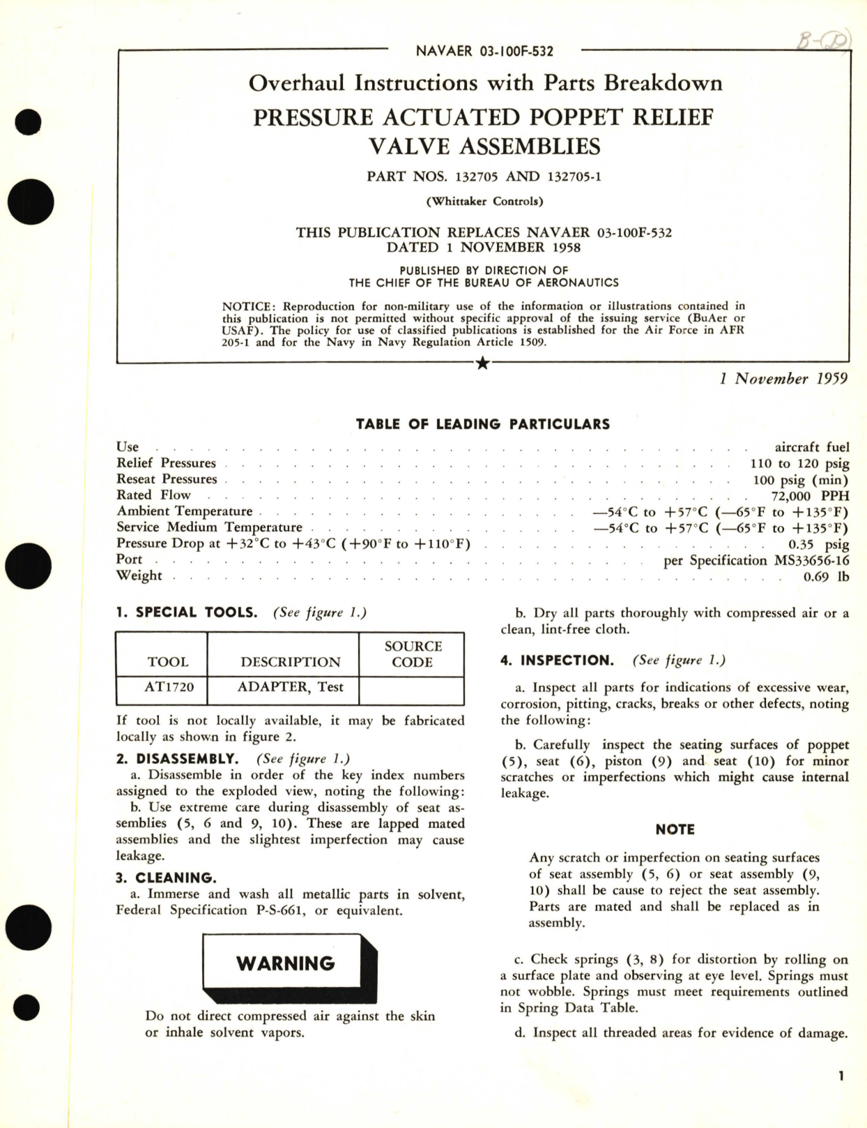 Sample page 1 from AirCorps Library document: Overhaul Instructions with Parts Breakdown for Pressure Actuated Poppet Relief Valve Assemblies Part No. 132705 