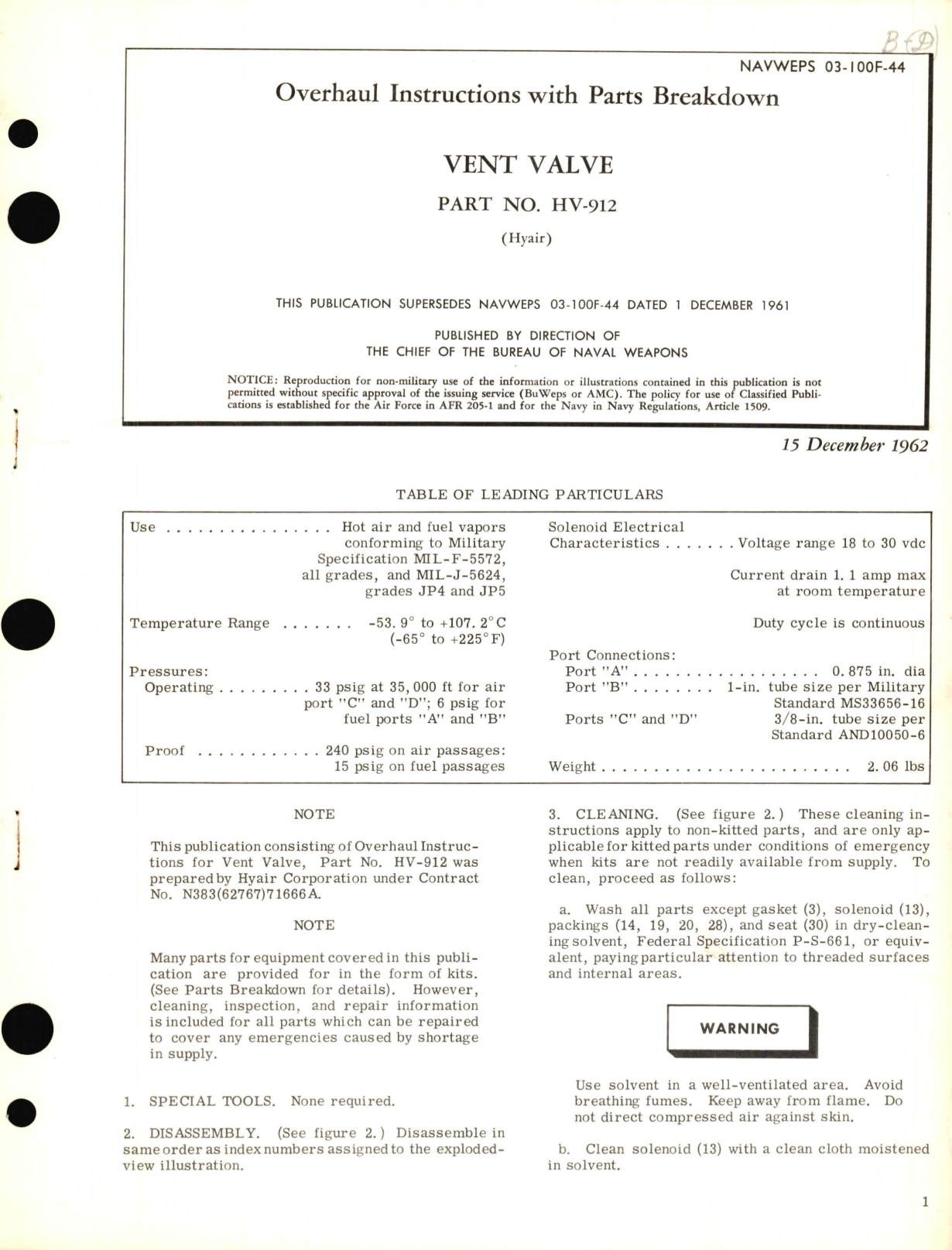 Sample page 1 from AirCorps Library document: Overhaul Instructions with Parts Breakdown for Vent Valve Part No. HV-912 