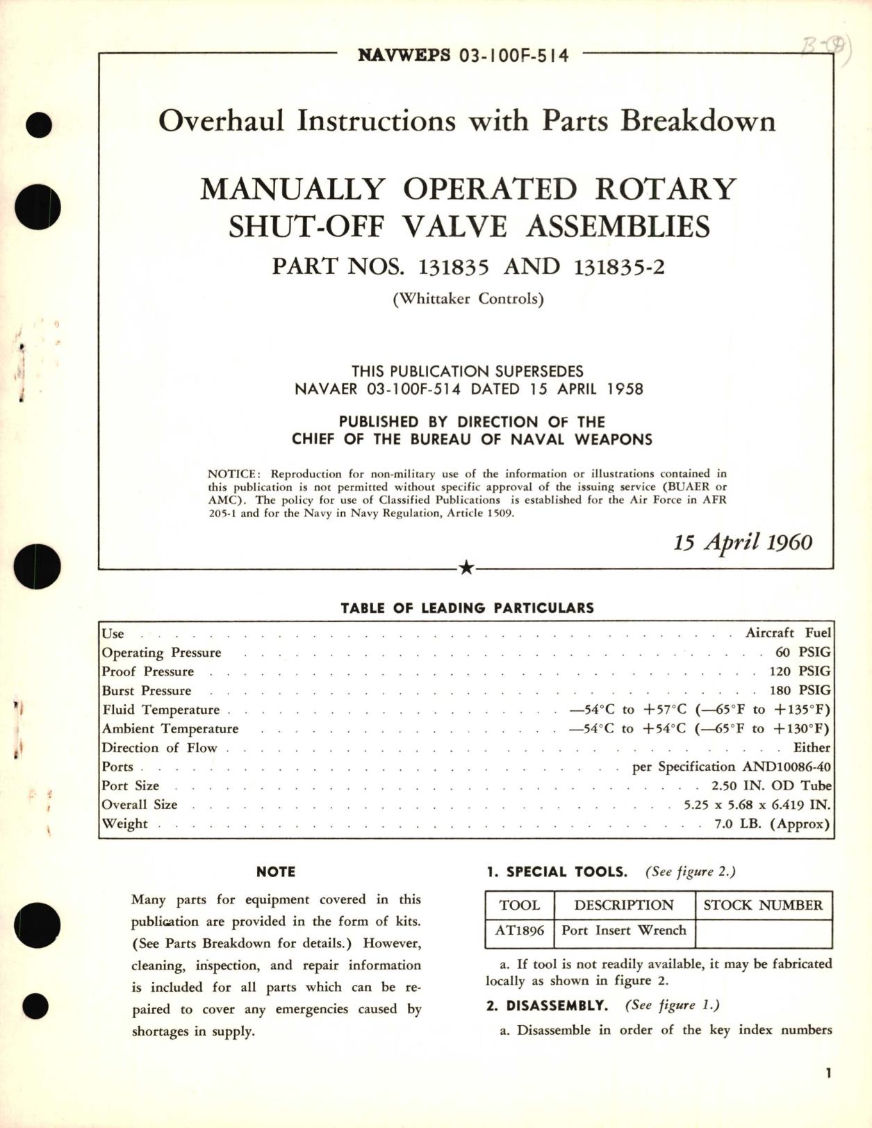 Sample page 1 from AirCorps Library document: Overhaul Instructions with Parts Breakdown for Manually Operated Rotary Shut-Off Valve Assemblies Part No. 131835