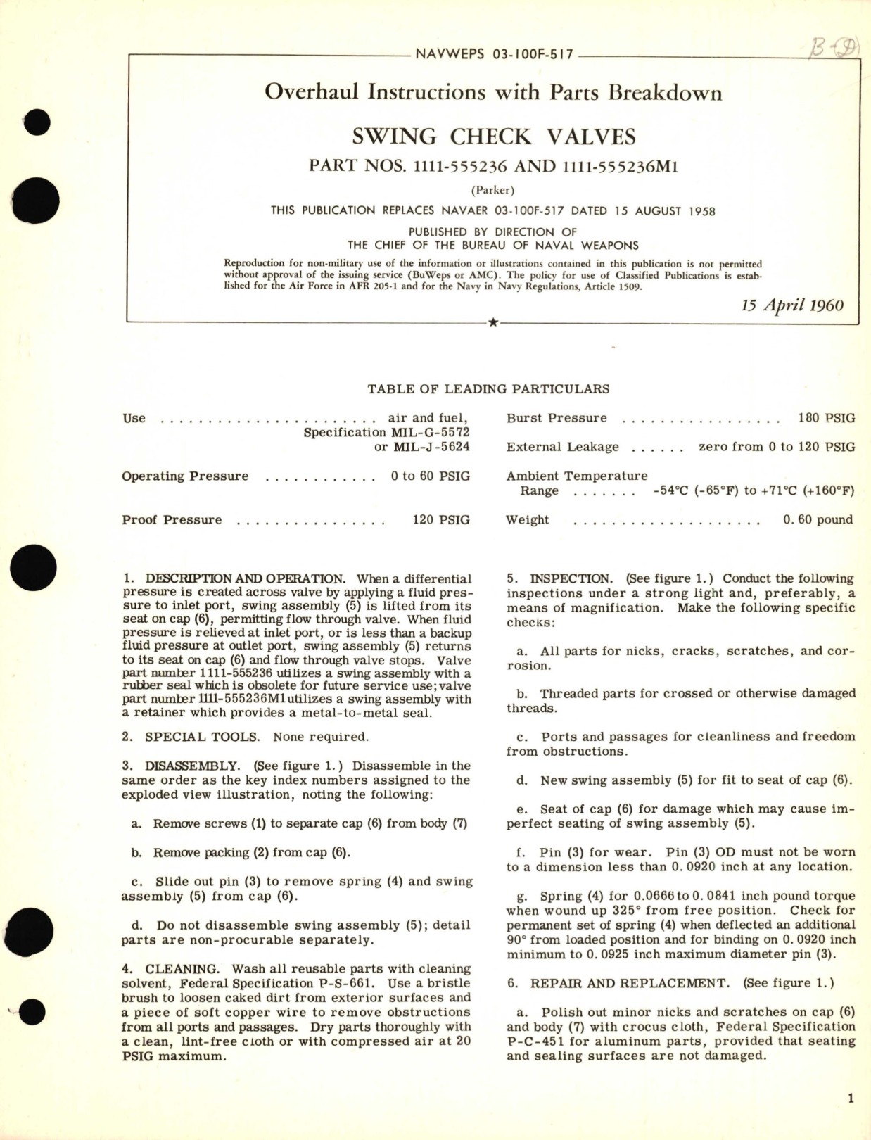 Sample page 1 from AirCorps Library document: Overhaul Instructions with Parts Breakdown Swing Check Valves for Part No. 1111-555236 and 1111-555236M1 