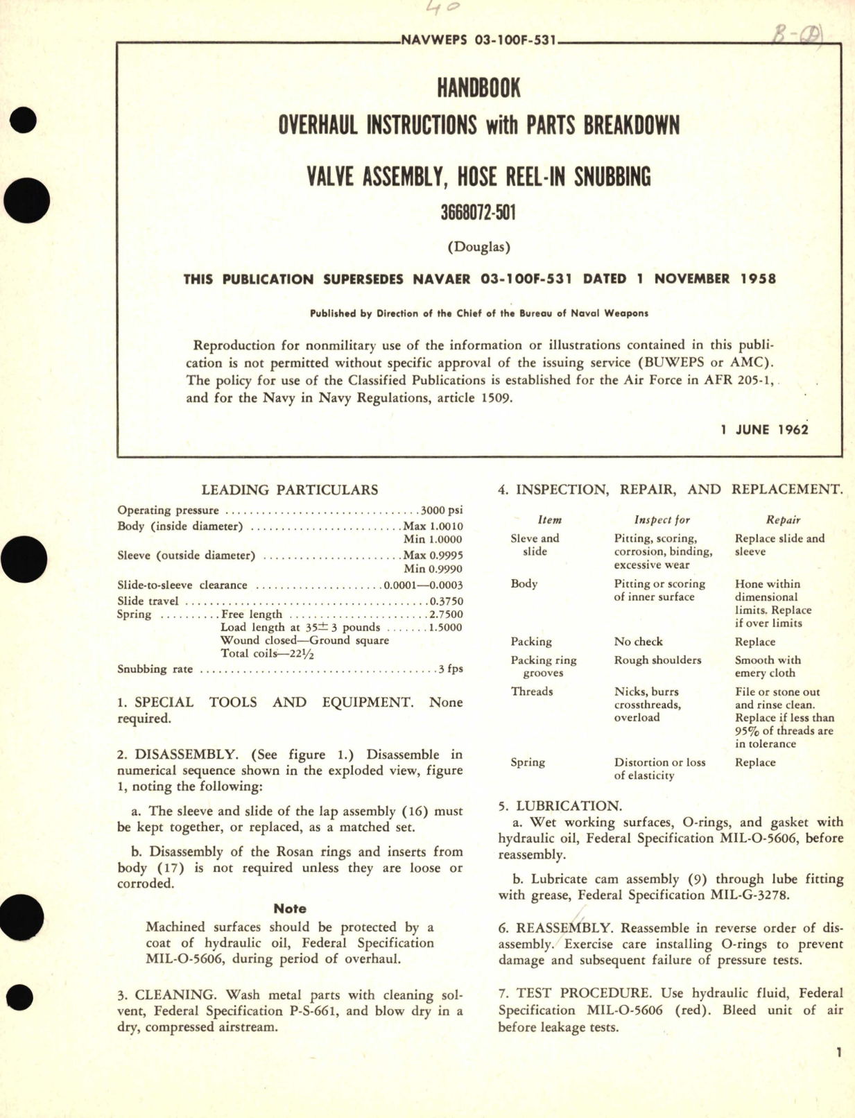 Sample page 1 from AirCorps Library document: Overhaul Instructions with Parts Breakdown for Valve Assembly, Hose Reel-In Snubbing 3668072--501 