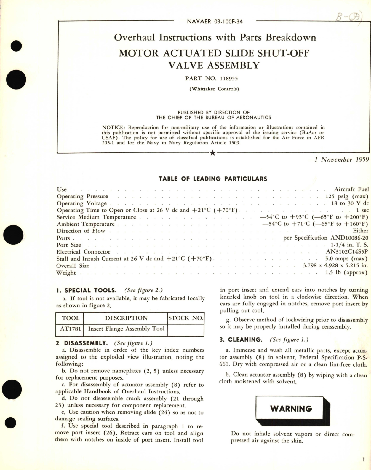 Sample page 1 from AirCorps Library document: Overhaul Instructions with Parts Breakdown for Motor Actuated Slide Shut-Off Valve Assembly Part No. 118955 