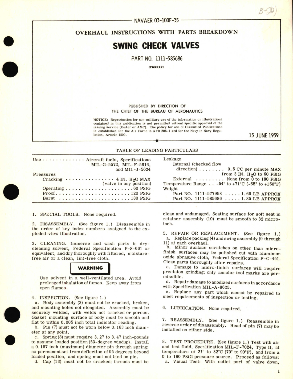 Sample page 1 from AirCorps Library document: Overhaul Instructions with Parts Breakdown for Swing Check Valves Part No. 1111-585686