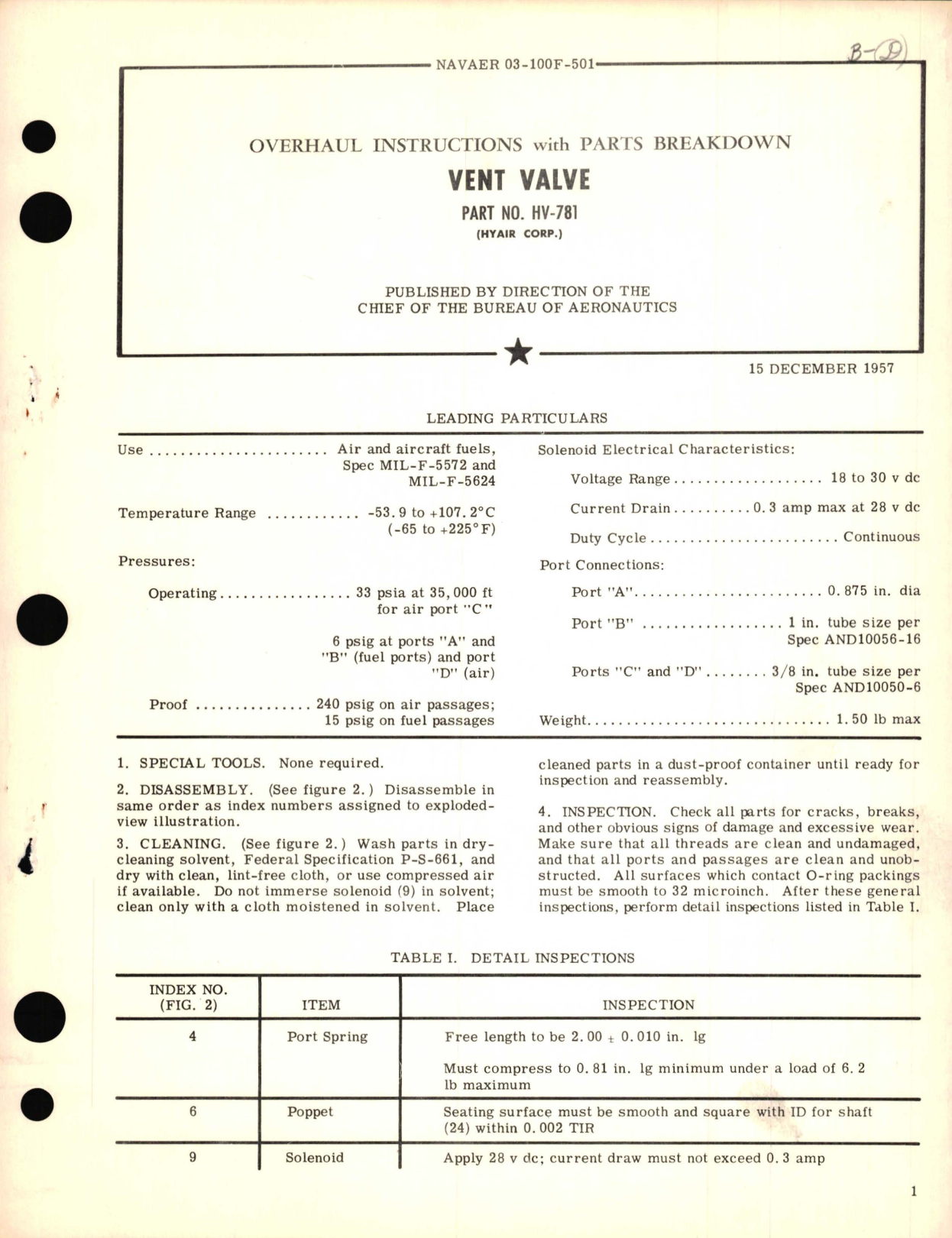 Sample page 1 from AirCorps Library document: Overhaul Instructions with Parts Breakdown for Vent Valve Part No. HV-781 