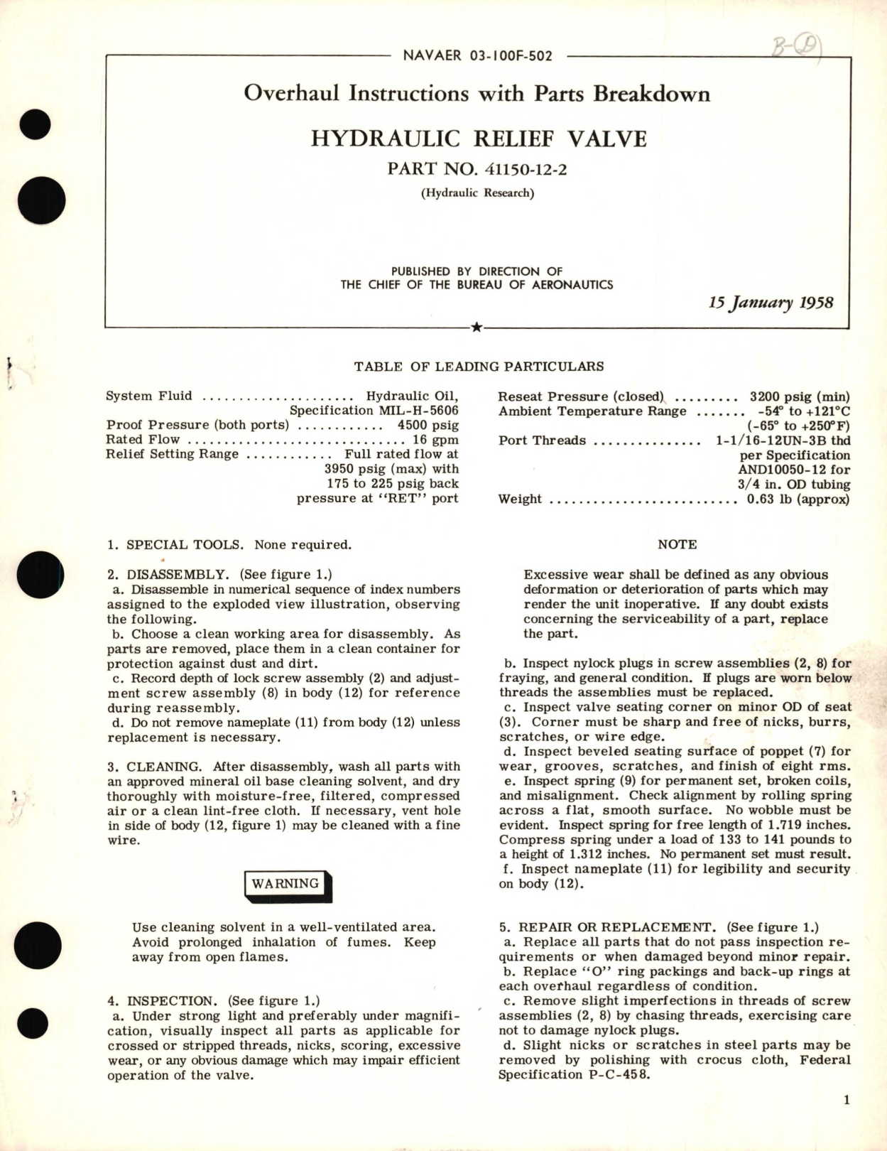 Sample page 1 from AirCorps Library document: Overhaul Instructions with Parts Breakdown for Hydraulic Relief Valve Part No. 41150-12-2 