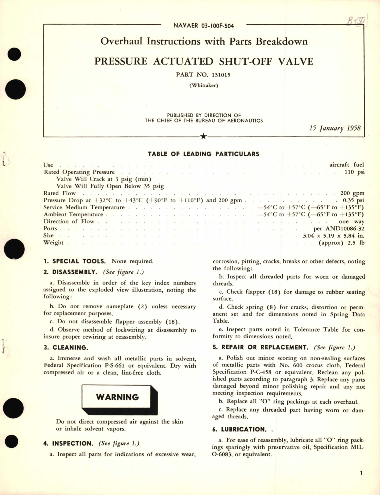 Sample page 1 from AirCorps Library document: Overhaul Instructions with Parts Breakdown for Pressure Actuated Shut-Off Valve Part No. 131015 