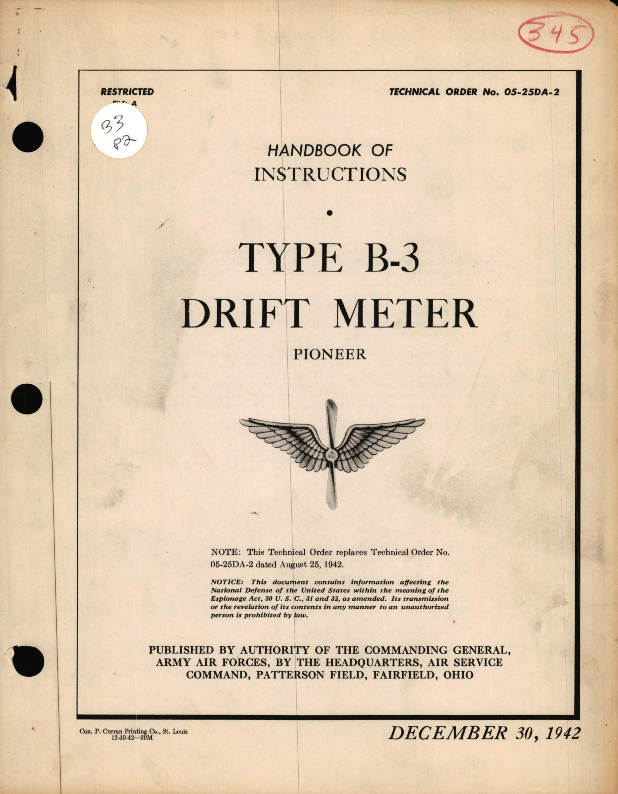 Sample page 1 from AirCorps Library document: Instructions for Type B-3 Drift Meter 