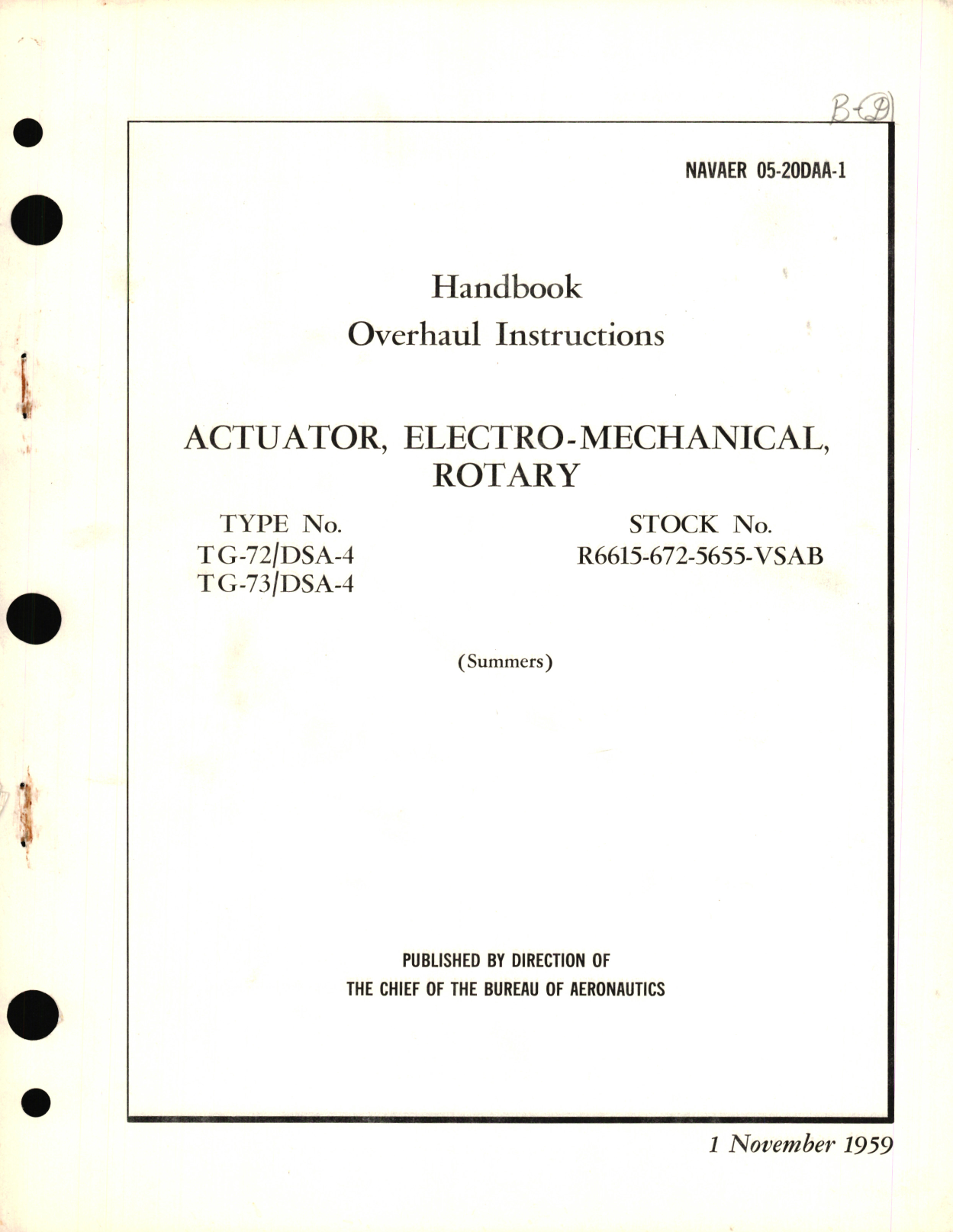 Sample page 1 from AirCorps Library document: Overhaul Instructions for Actuator, Electro-Mechanical, Rotary Type No. TG-72, DSA-4, TG-73, DSA-4 