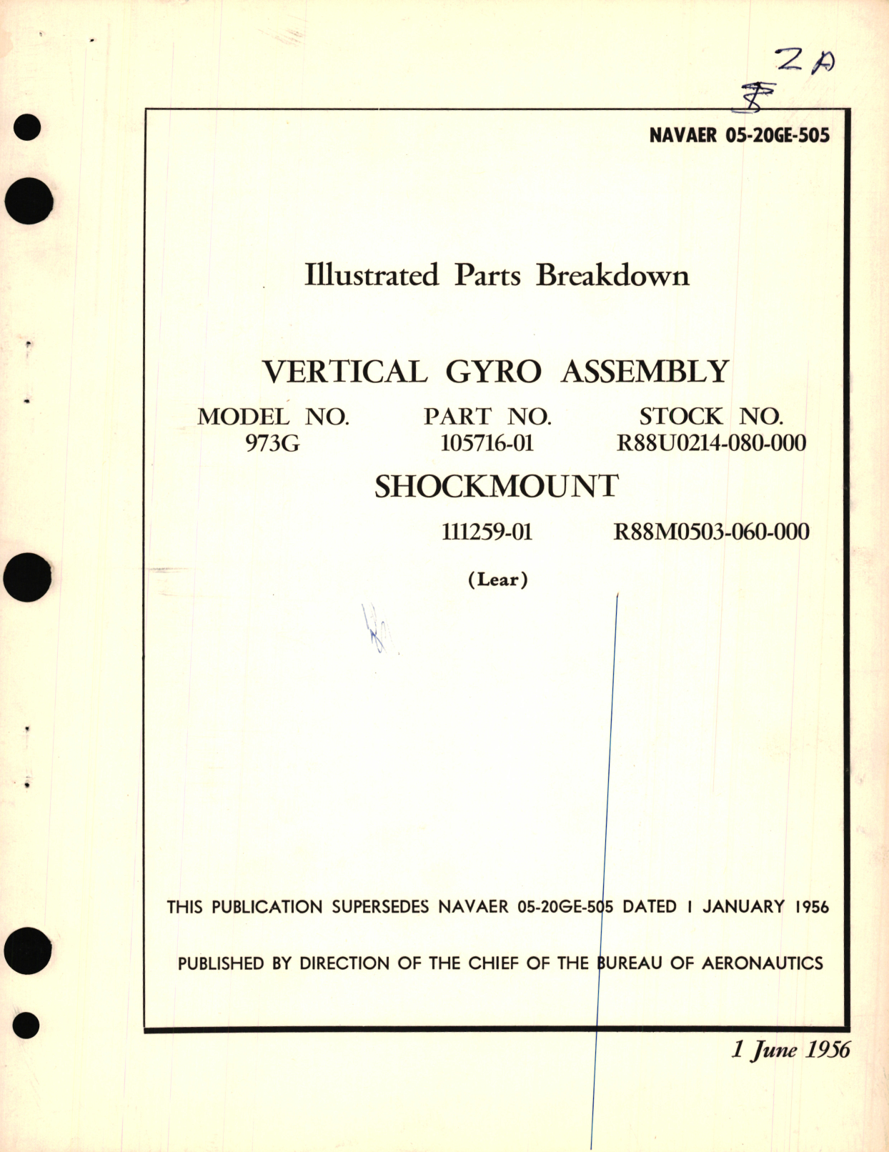 Sample page 1 from AirCorps Library document: Illustrated Parts Breakdown for Vertical Gyro Assembly Model No. 973G, Part No. 105716-01 Shockmount 111259-01 