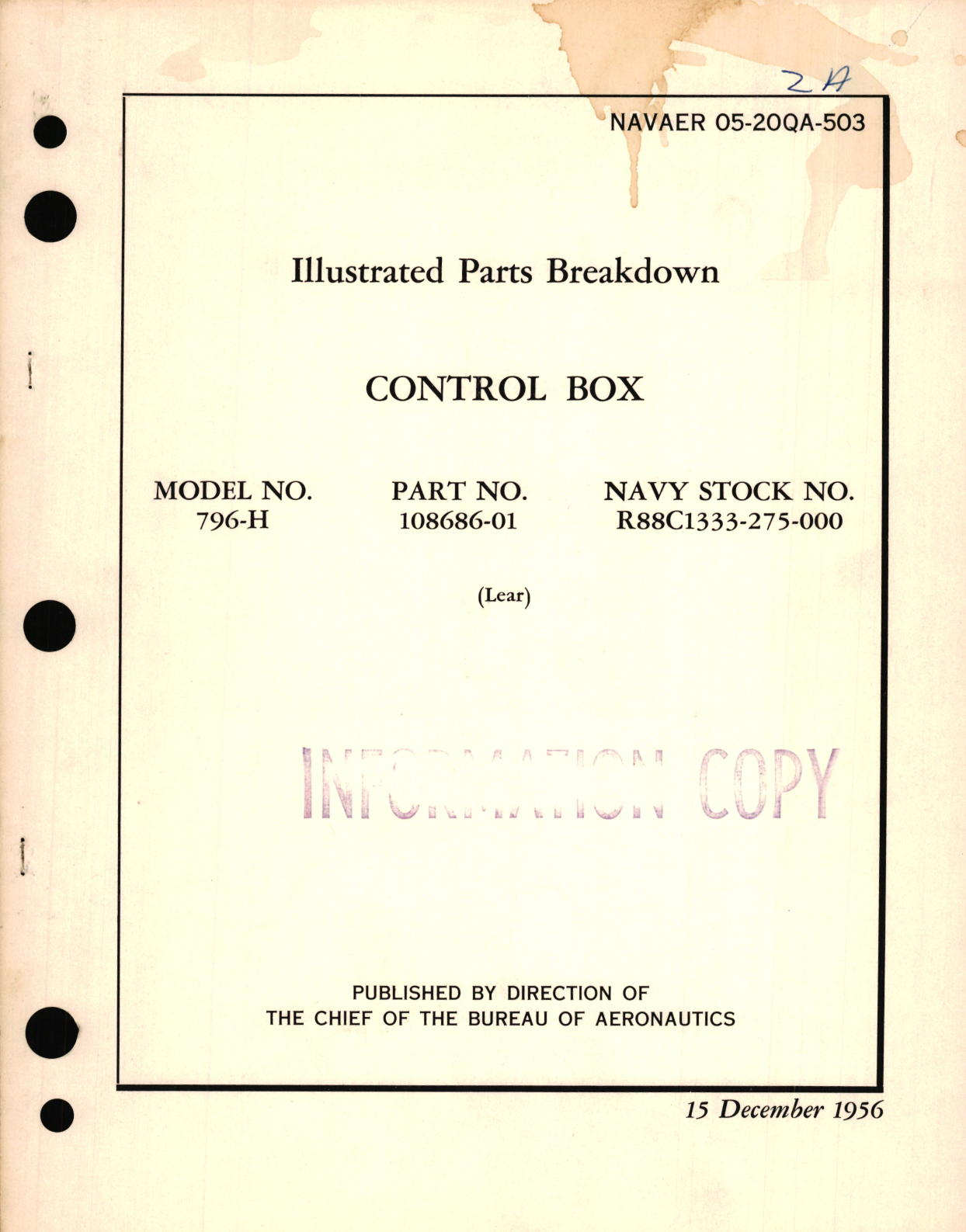 Sample page 1 from AirCorps Library document: Illustrated Parts Breakdown for Control Box Model No. 796-H, Part No. 108686-01