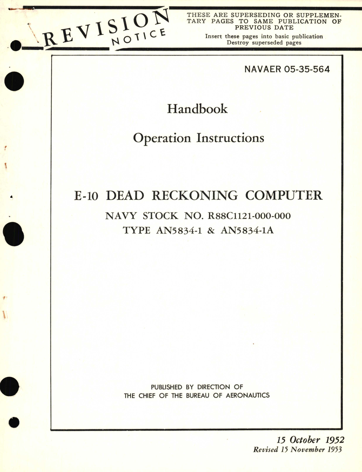 Sample page 1 from AirCorps Library document: Operation Instructions for E-10 Dead Reckoning Computer for Type AN5834-1 & AN 5834-1A