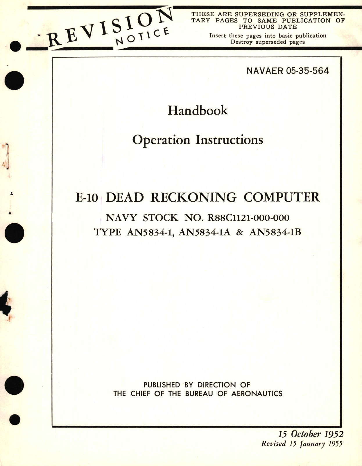 Sample page 1 from AirCorps Library document: Operation Instructions for E-10 Dead Reckoning Computer Type AN5834-1, AN5834-1A & AN5834-1B