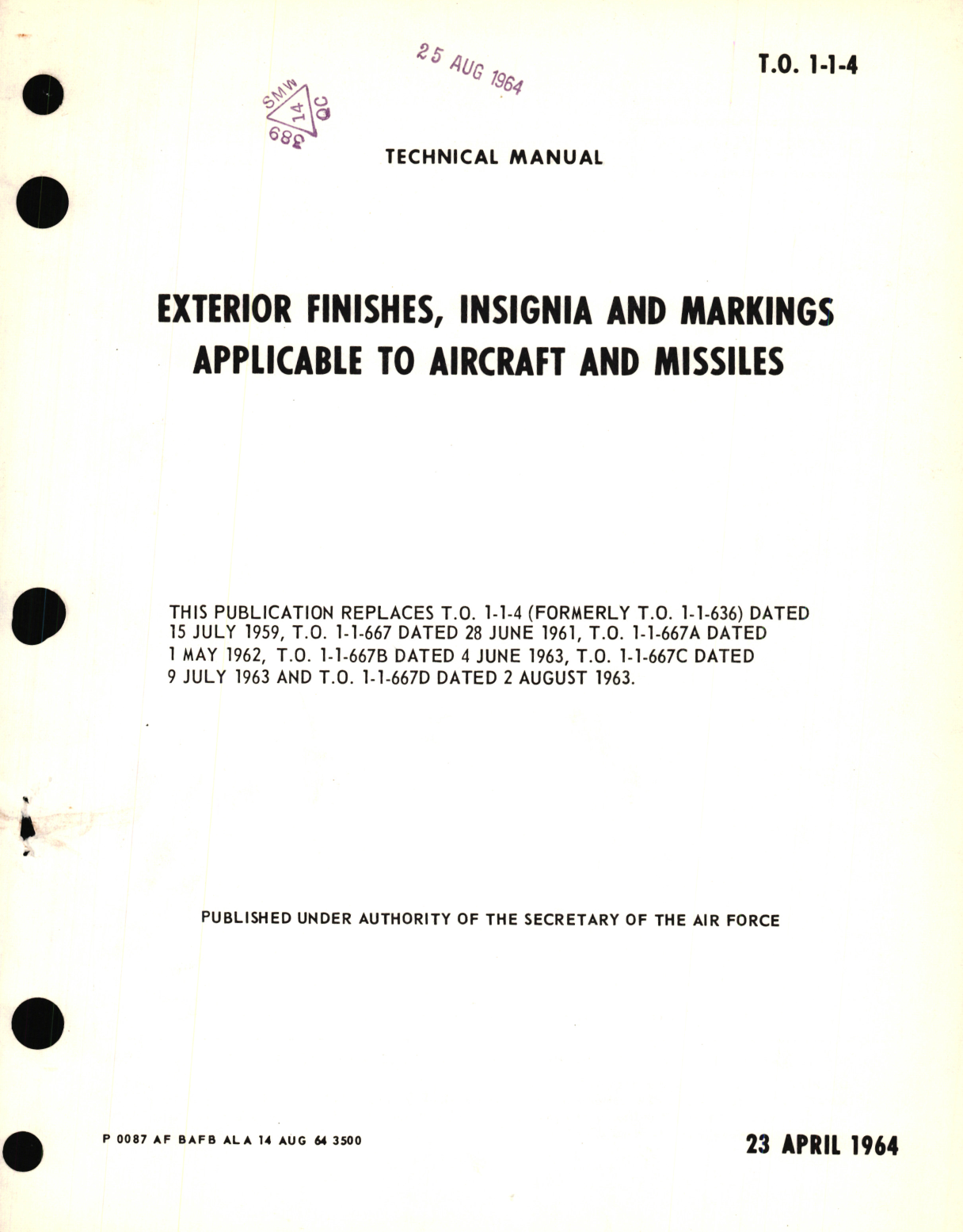 Sample page 1 from AirCorps Library document: Technical Manual for Exterior Finishes, Insignia and Markings Applicable to Aircraft and Missiles