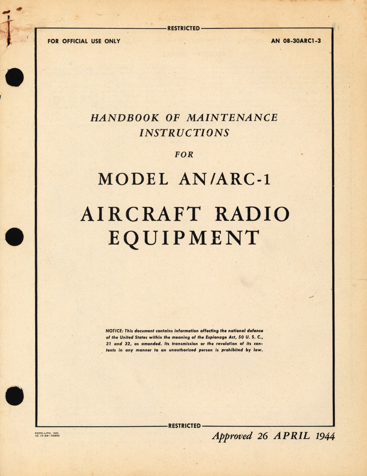 Sample page 1 from AirCorps Library document: Maintenance Instructions for Model AN/ARC-1 Aircraft Radio Equipment