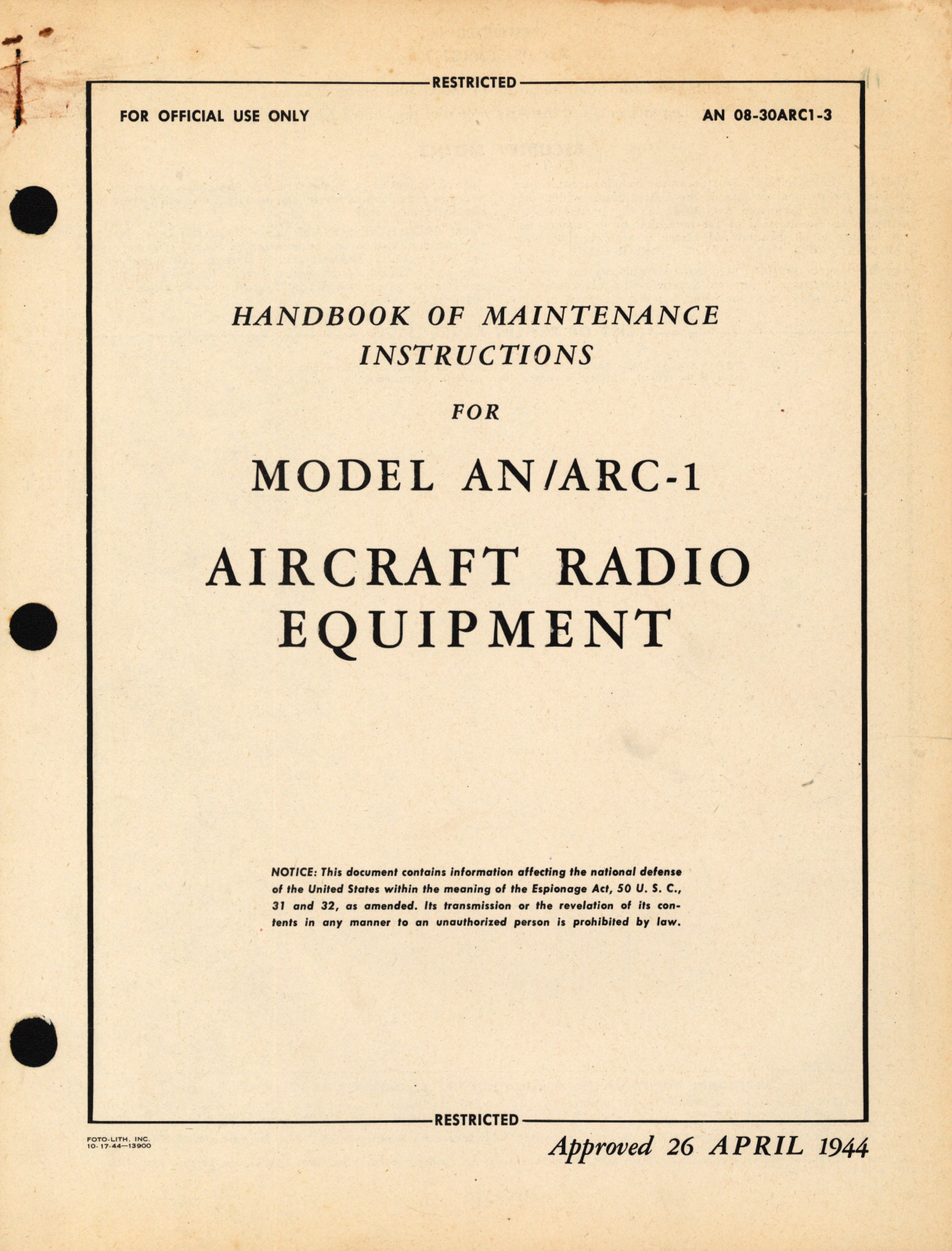 Sample page 1 from AirCorps Library document: Maintenance Instructions for Model AN/ARC-1 Aircraft Radio Equipment