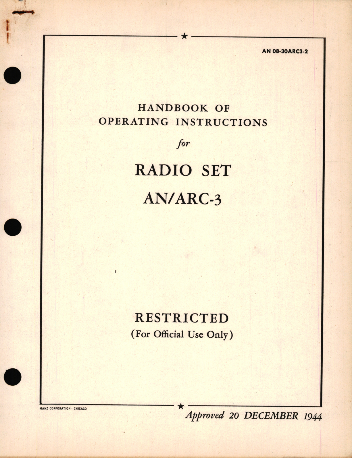 Sample page 1 from AirCorps Library document: Operation Instructions for Radio Set AN/ARC-3