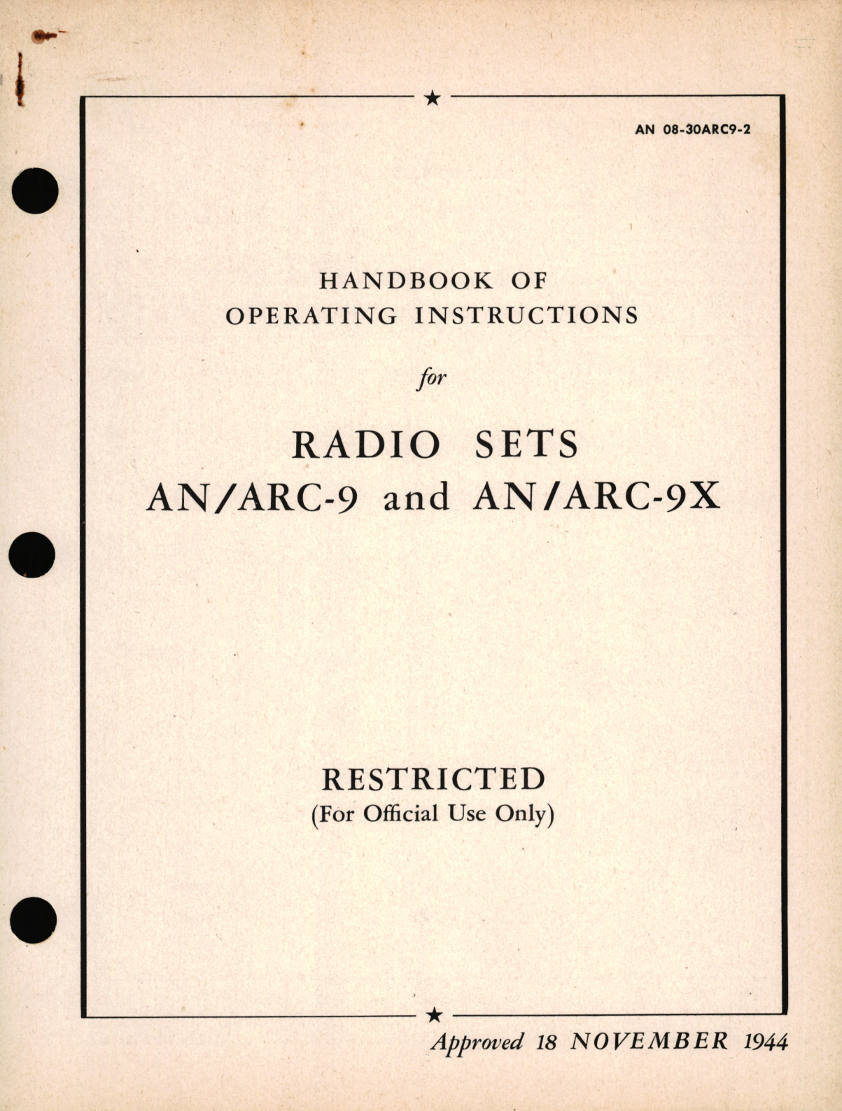 Sample page 1 from AirCorps Library document: Operation Instructions for Radio Sets AN/ARC-9 and AN/ARC-9X