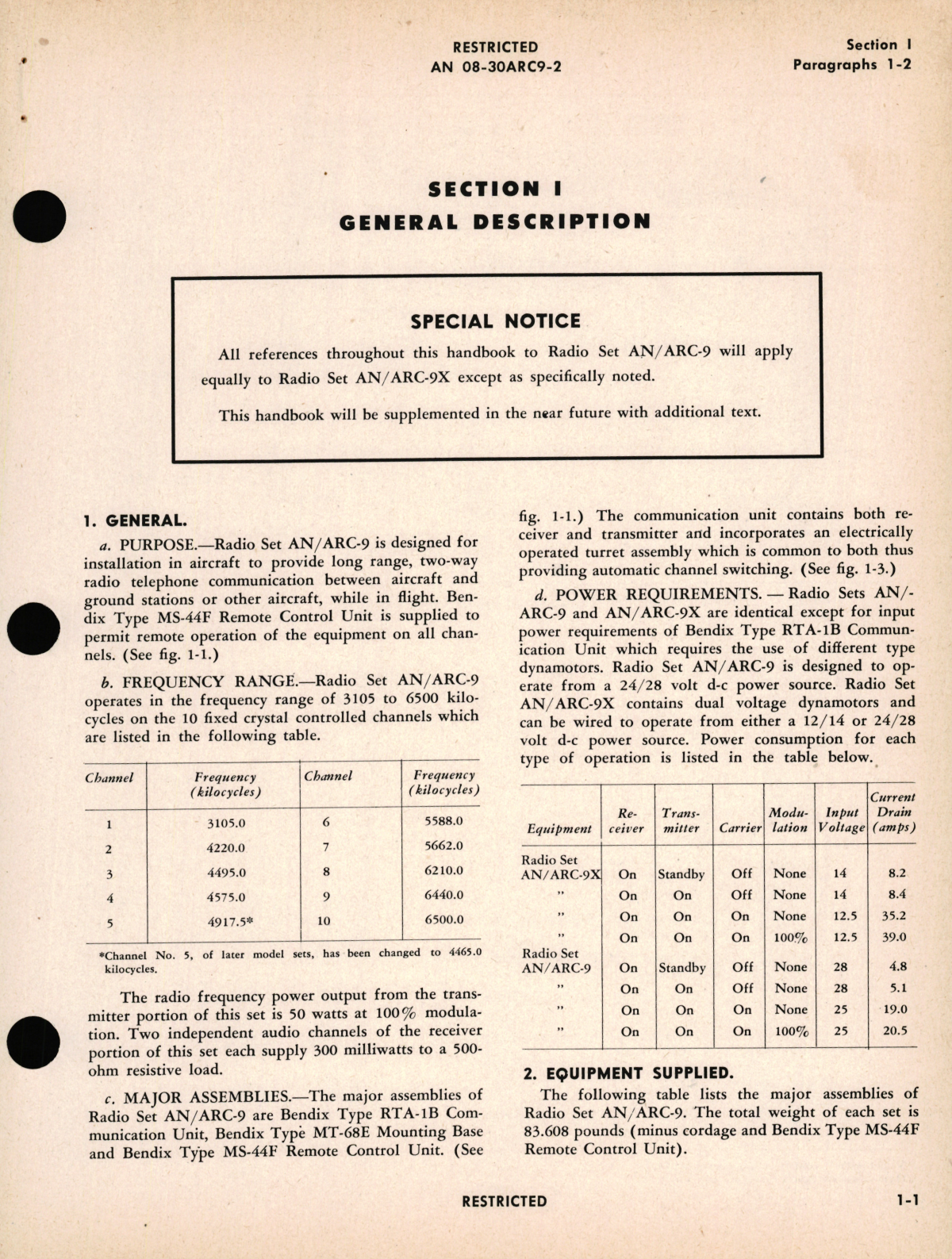 Sample page 7 from AirCorps Library document: Operation Instructions for Radio Sets AN/ARC-9 and AN/ARC-9X