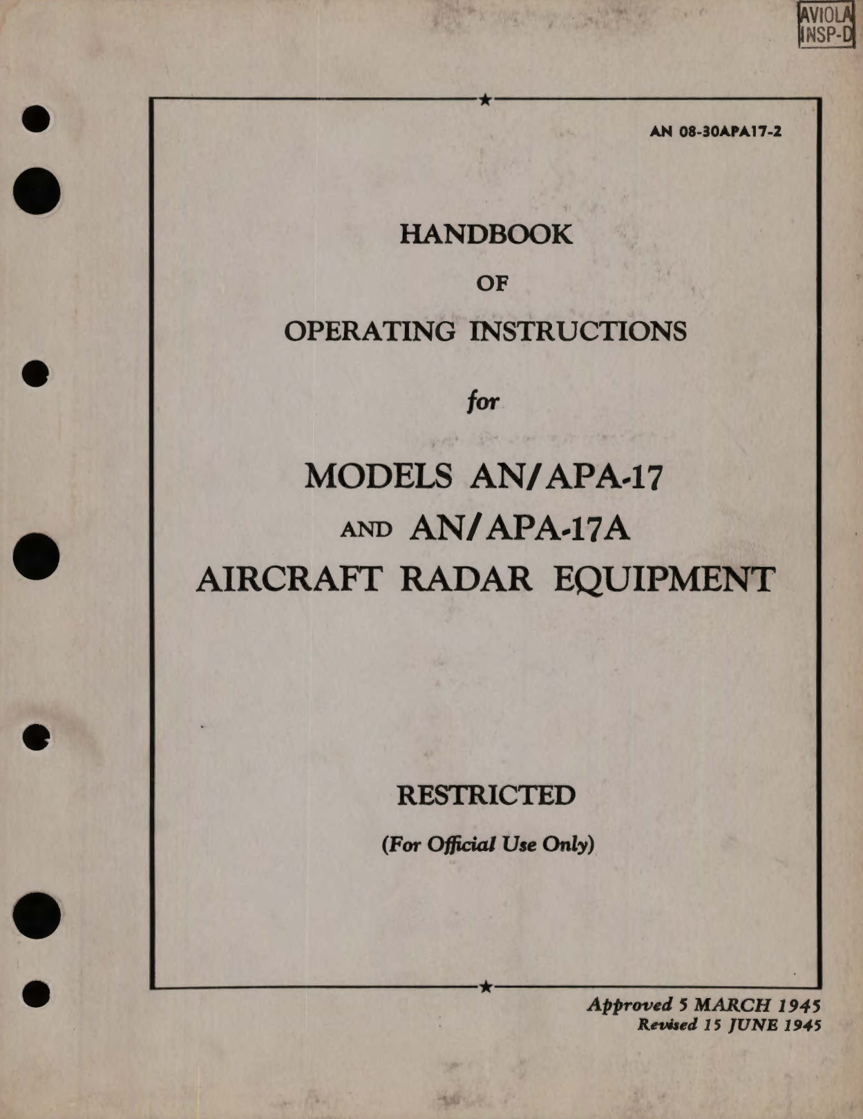 Sample page 1 from AirCorps Library document: Operating Instructions for Models AN/APA-17 and AN/APA-171 Aircraft Radar Equipment