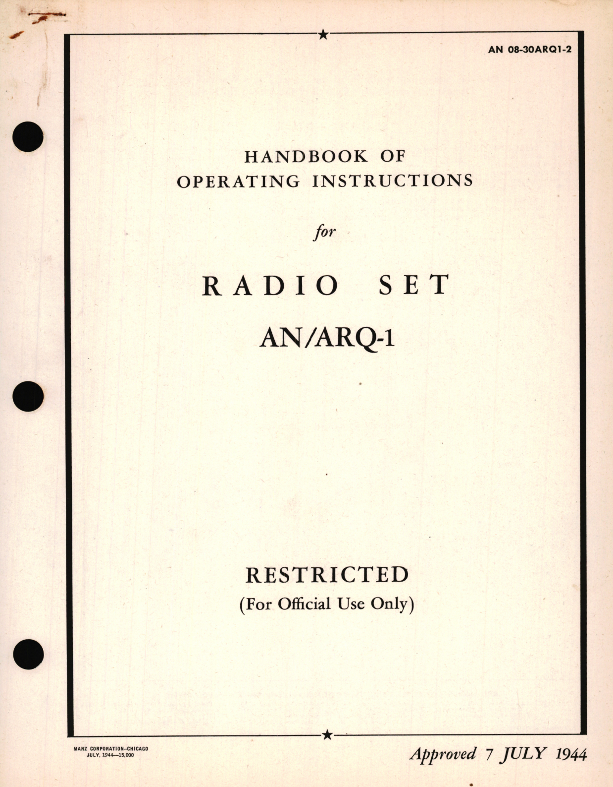 Sample page 1 from AirCorps Library document: Operating Instructions for Radio Set AN/ARQ-1 