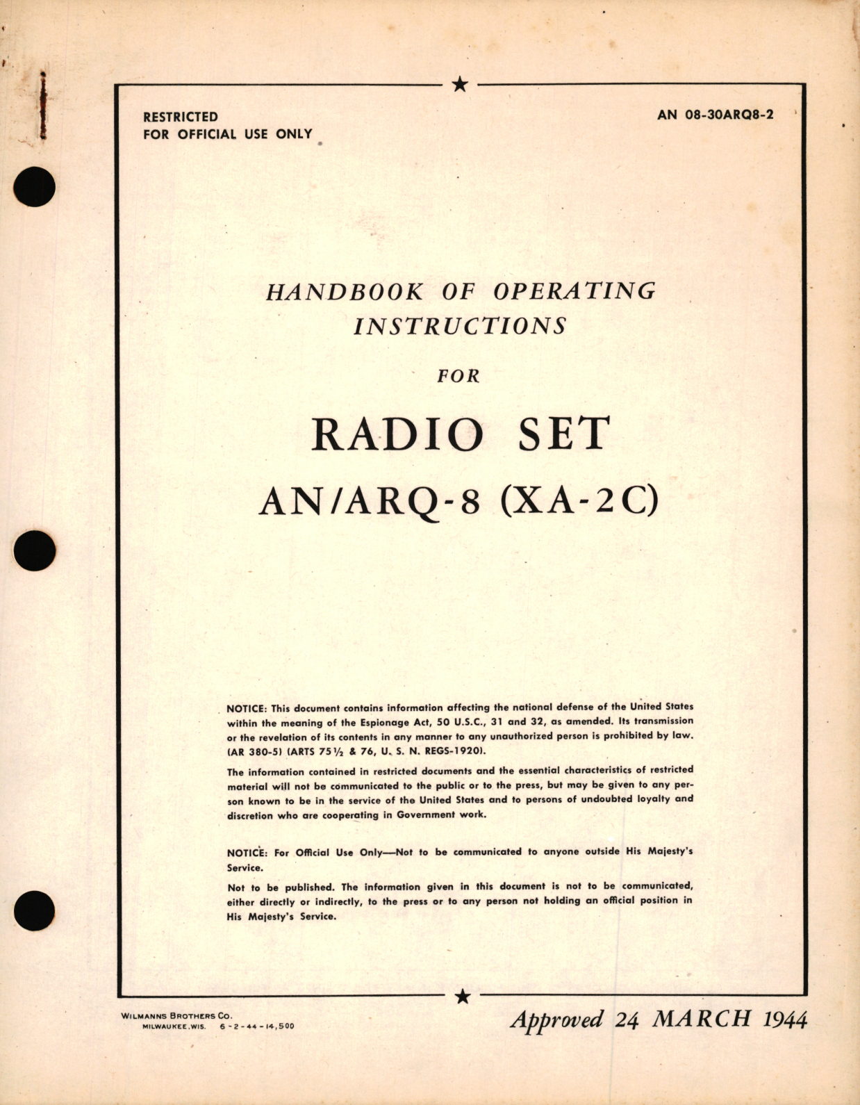 Sample page 1 from AirCorps Library document: Operating Instructions for Radio Set AN, ARQ-8 (XA-2C)