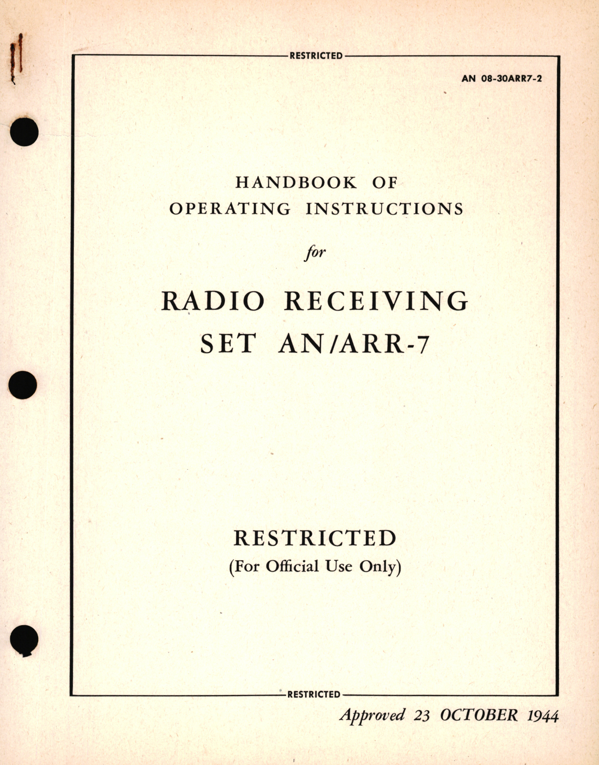 Sample page 1 from AirCorps Library document: Operating Instructions for Radio Receiving Set AN/ARR-7