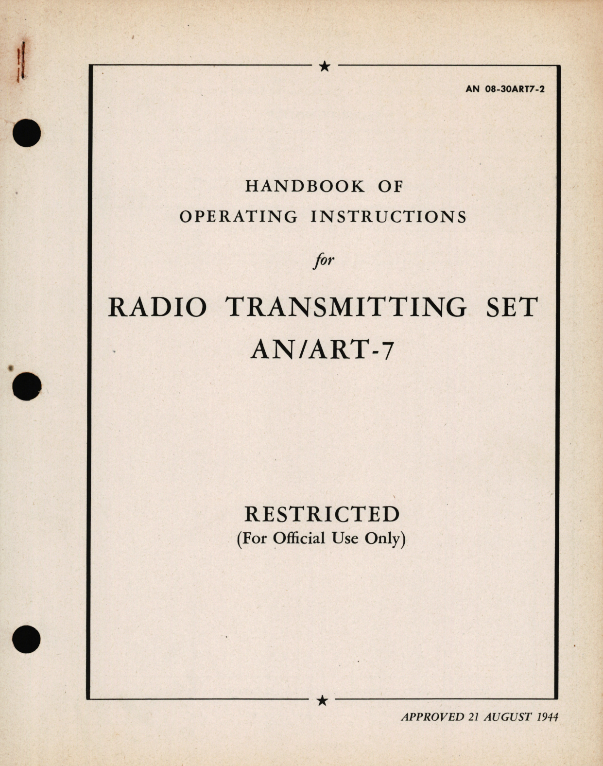 Sample page 1 from AirCorps Library document: Operating Instructions for Radio Transmitting Set AN/ART-7