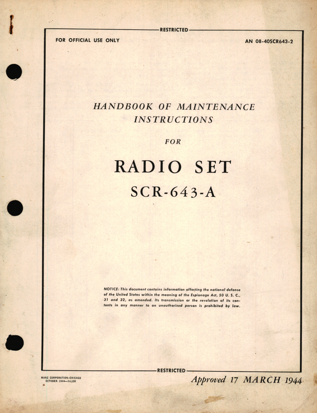 Sample page 1 from AirCorps Library document: Maintenance Instructions for Radio Set SCR-643-A